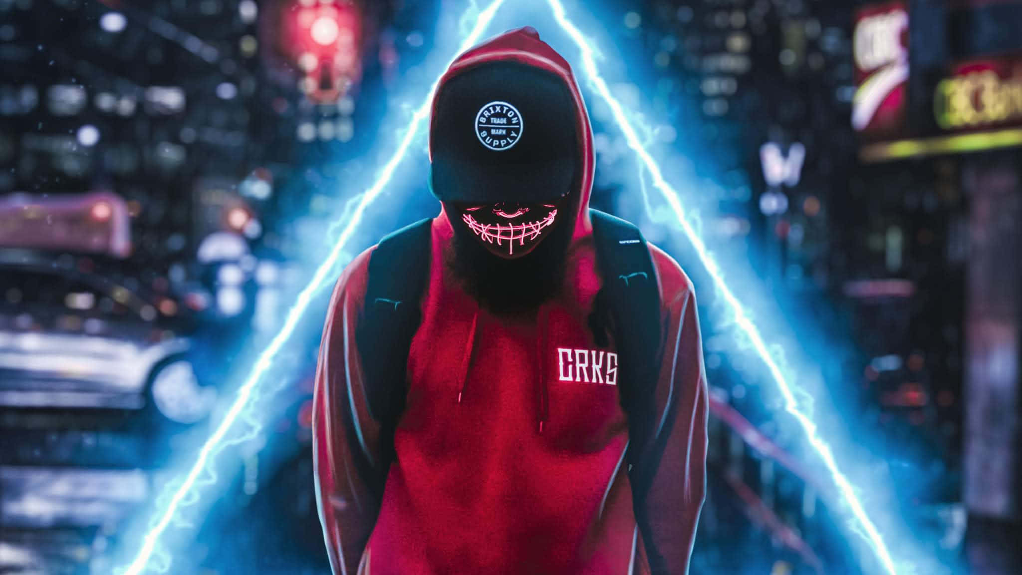 Mask Boy, neon-lit city street, glowing red mask, Full HD Desktop Wallpaper