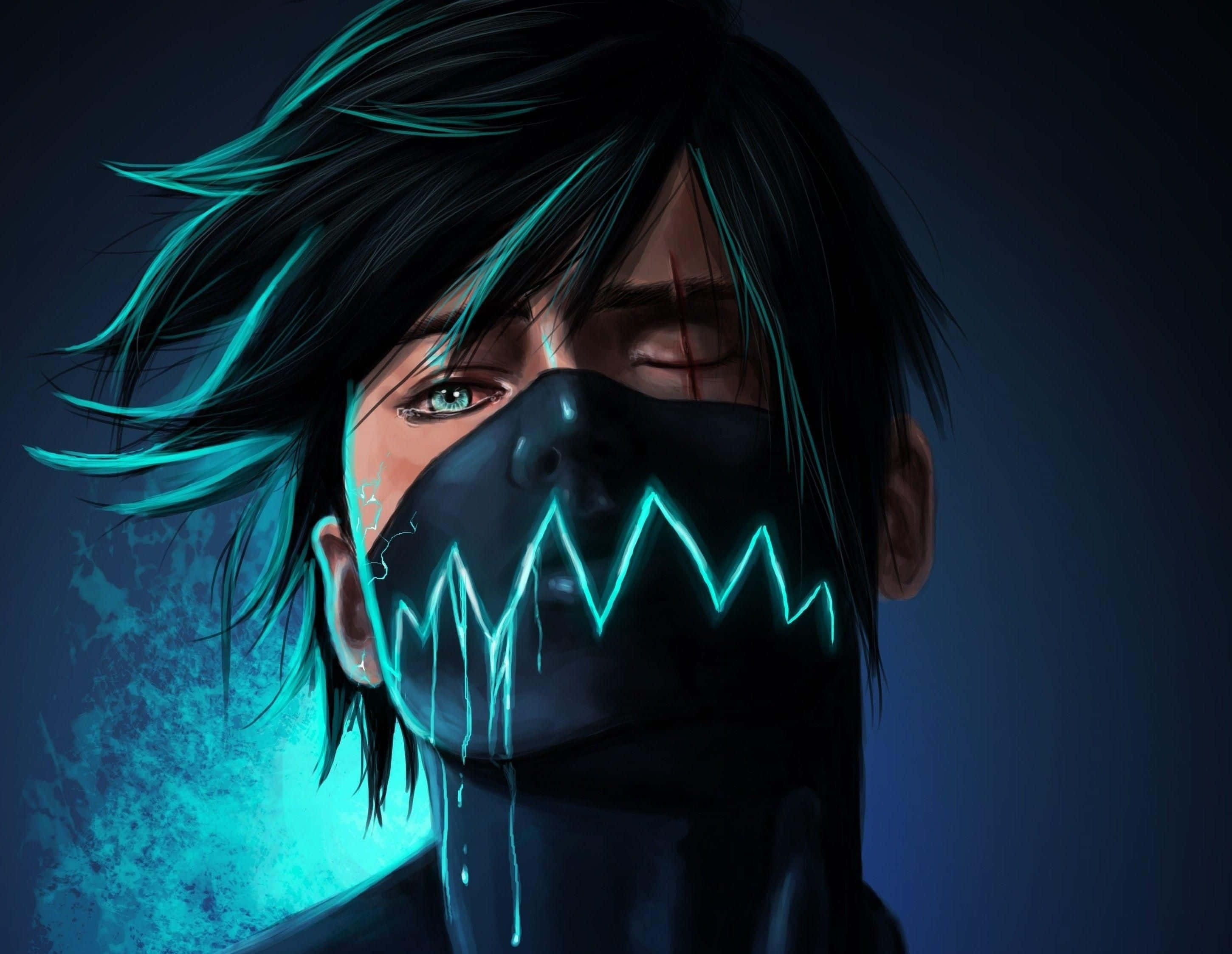 Mask Boy, dark blue, glowing cyan lightning streaks, 2K Desktop Wallpaper