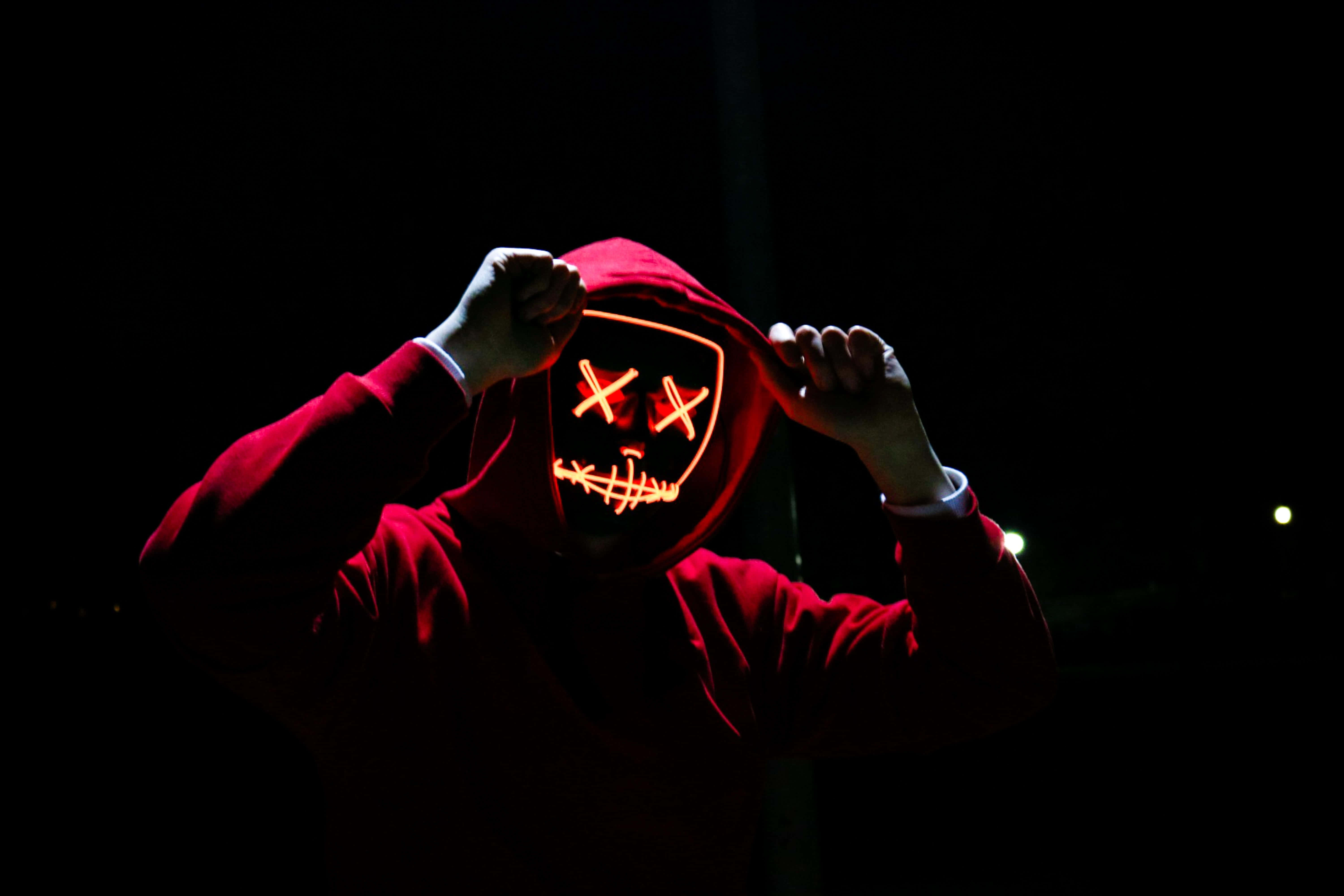 Money Heaist, red hoodie, glowing LED mask, 5K Desktop Wallpaper
