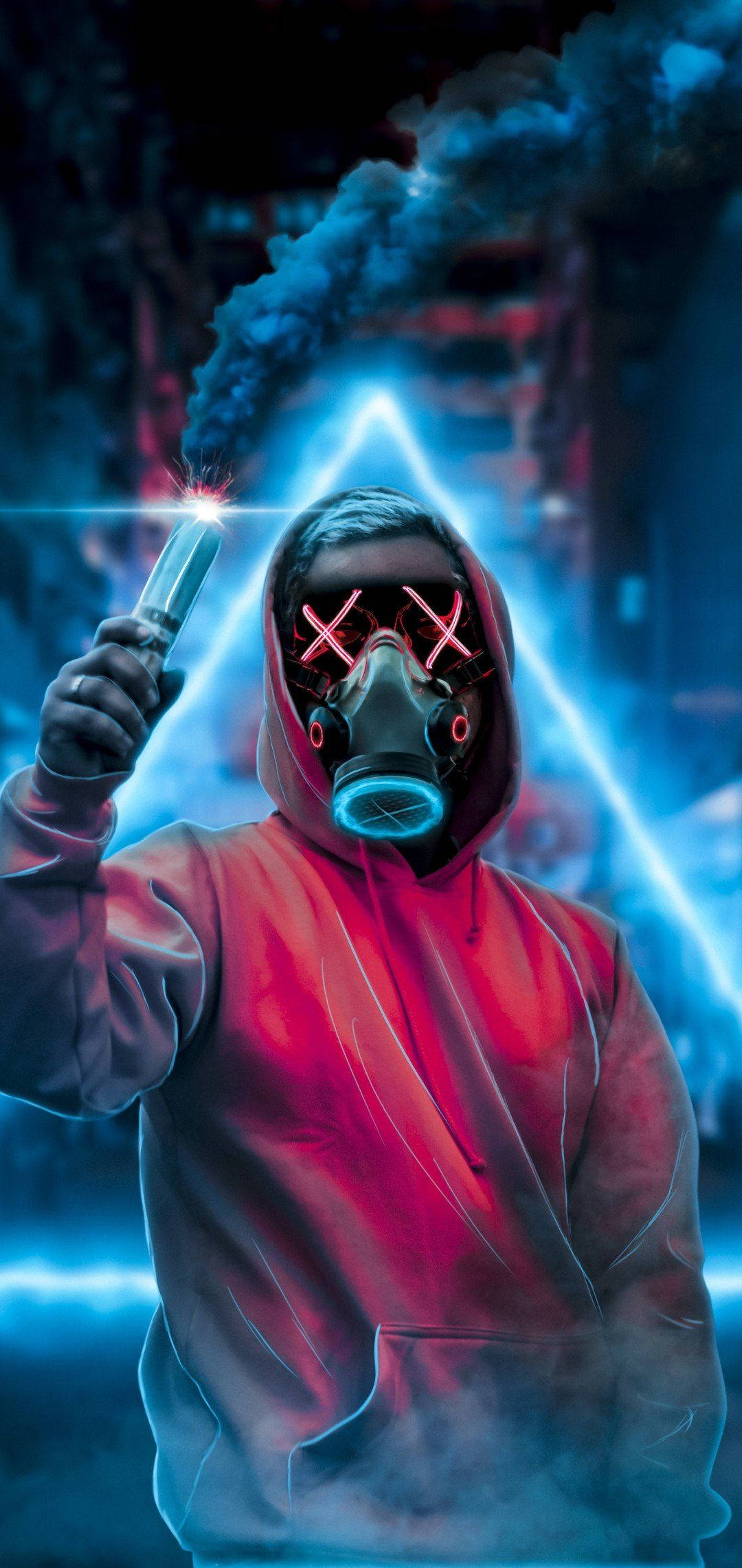 iPhone 11, red hoodie, glowing gas mask, Full HD Phone Wallpaper