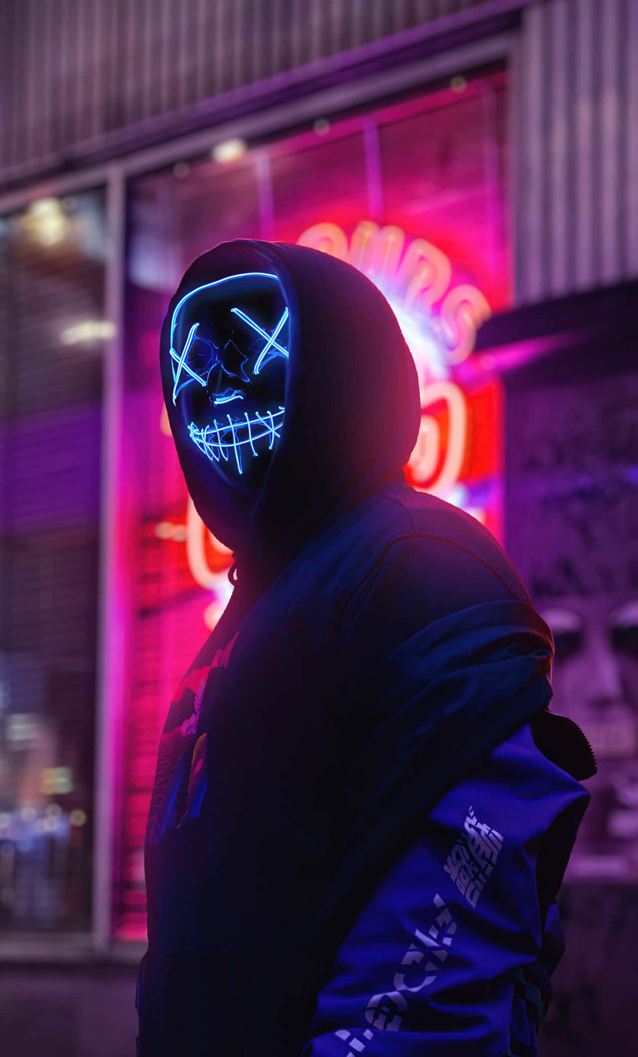 Mask Boy, glowing blue LED skull mask, vibrant pink neon sign, Full HD Phone Wallpaper