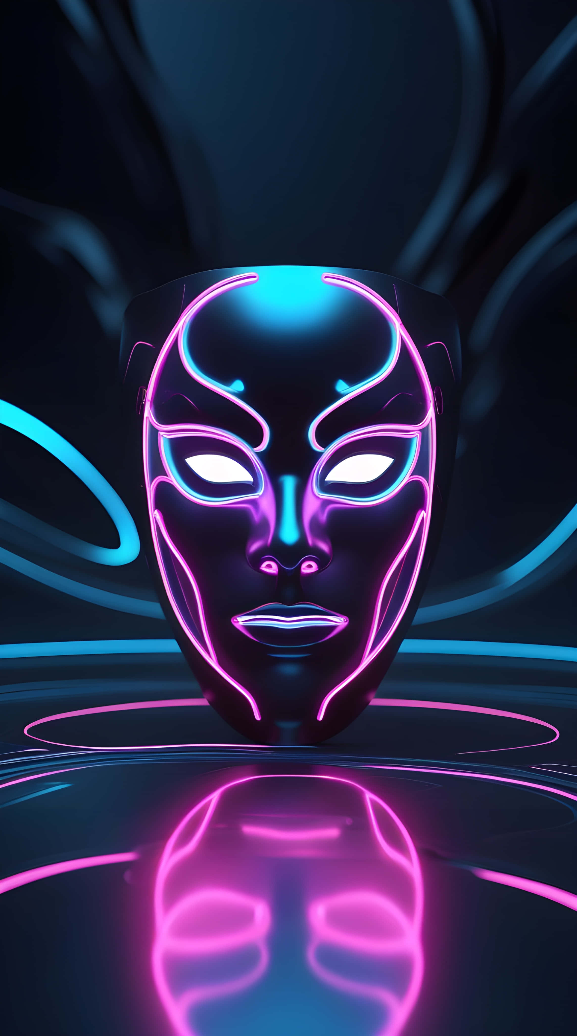 neon mask, blue and pink outlines, reflective surface, 4K Phone Wallpaper
