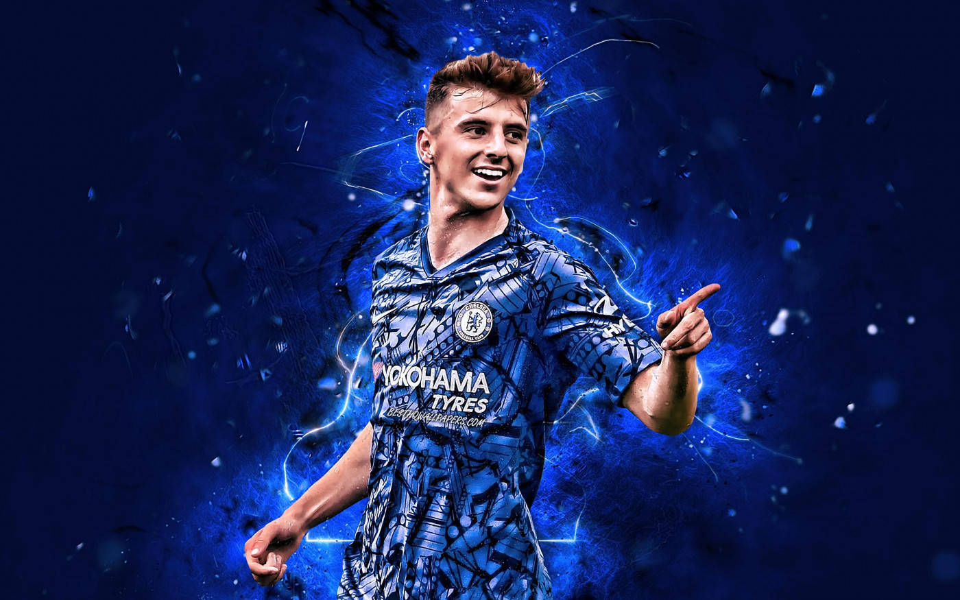 Mason Mount, blue patterned jersey, electric blue energy, HD Desktop Wallpaper
