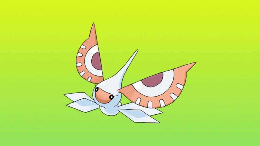 Masquerain, green gradient background, white and orange moth-like Pokémon, SD Desktop Wallpaper