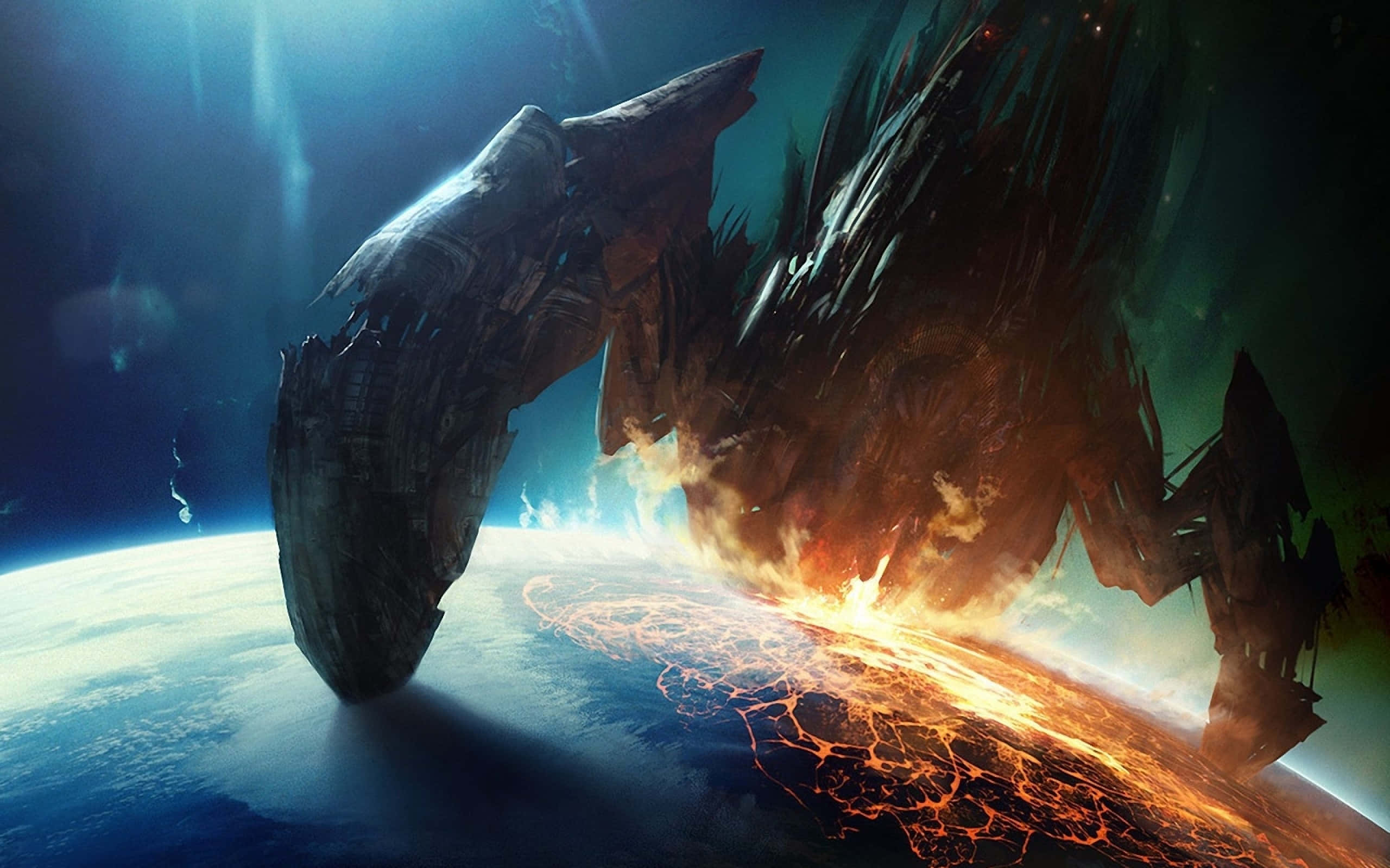 Mass Effect, epic space battle, colossal alien spaceship, 2K Desktop Wallpaper