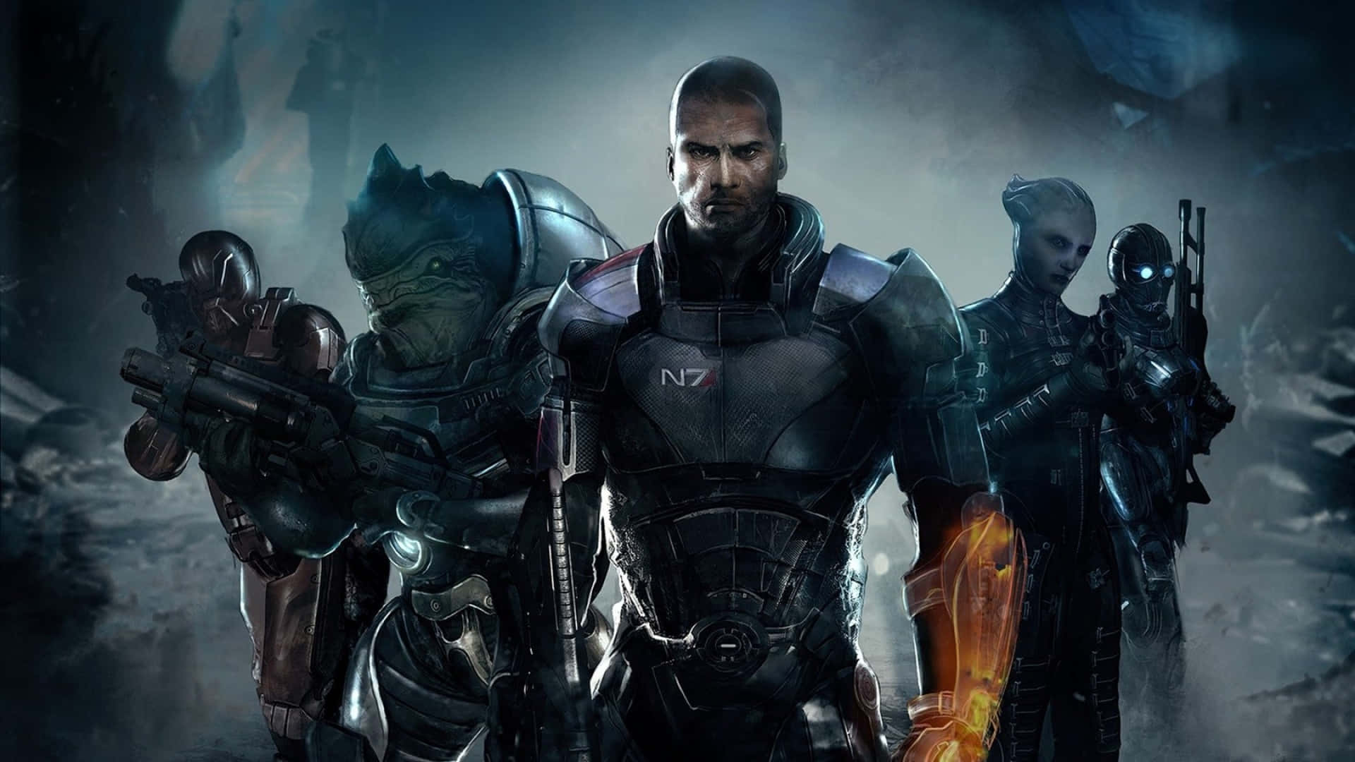 Mass Effect, space soldiers, glowing orange weapon accents, Full HD Desktop Wallpaper