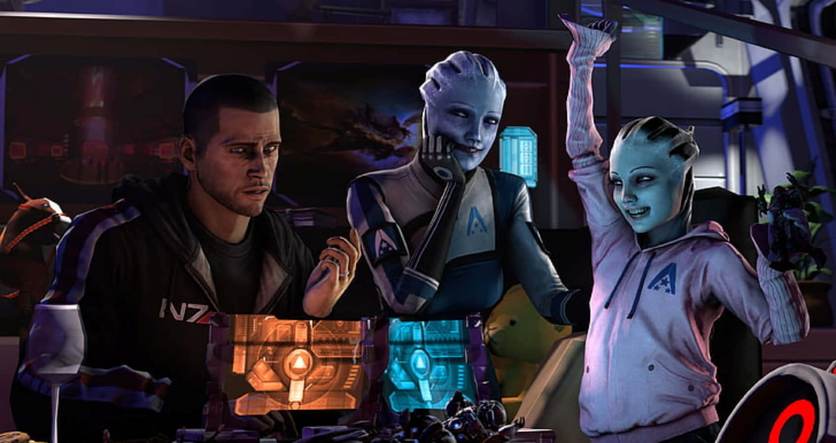 Mass Effect, futuristic cockpit, glowing blue and orange panels, HD Desktop Wallpaper