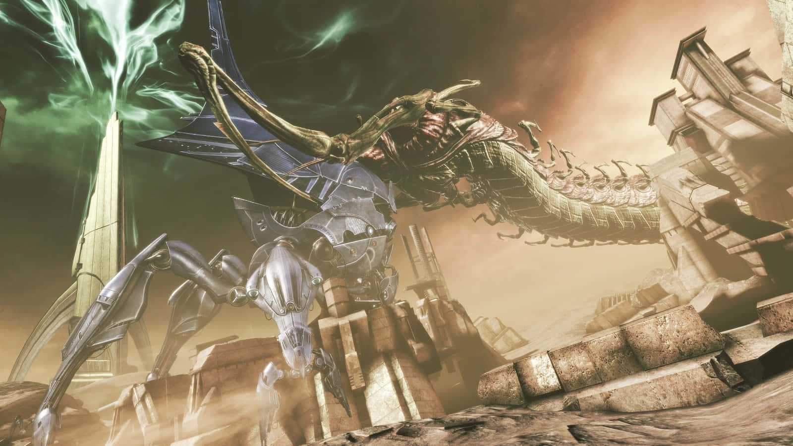 Mass Effect 3 Reaper, biomechanical dragon, glowing green energy, HD Desktop Wallpaper