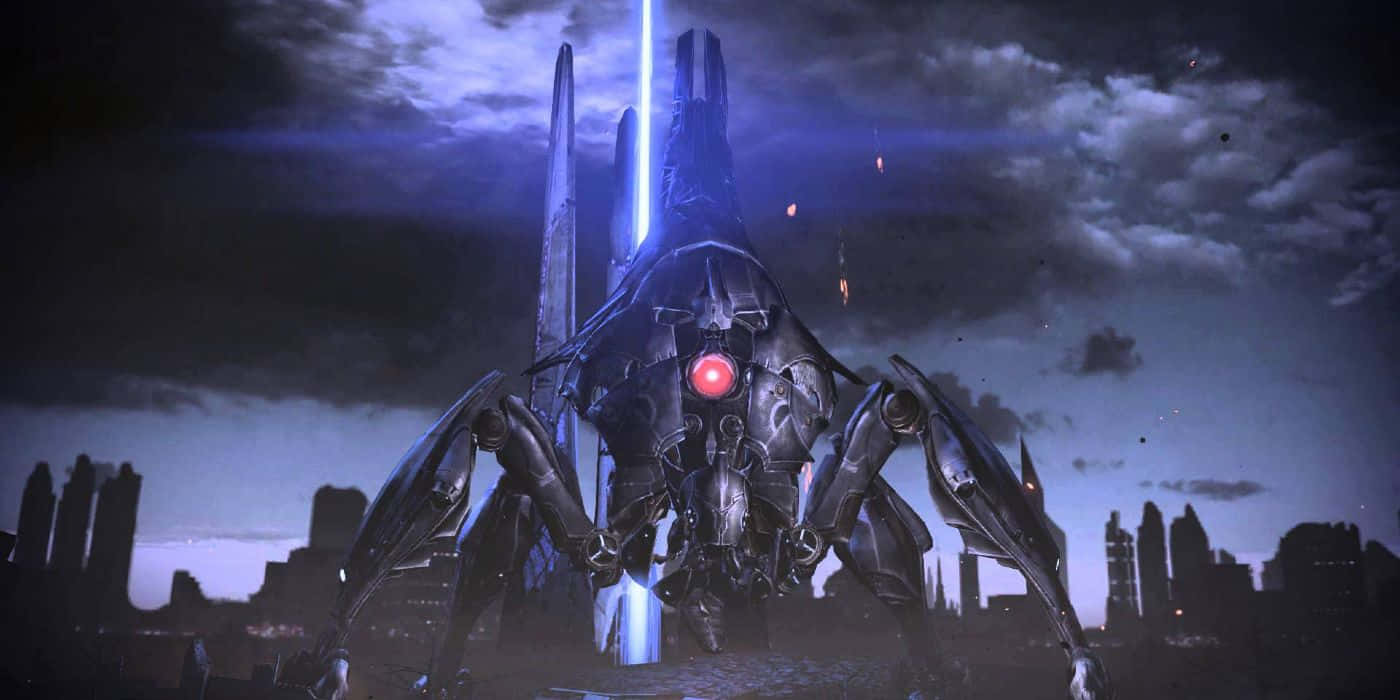 Mass Effect 3 Reaper, glowing red eye, blue energy beam, HD Desktop Wallpaper