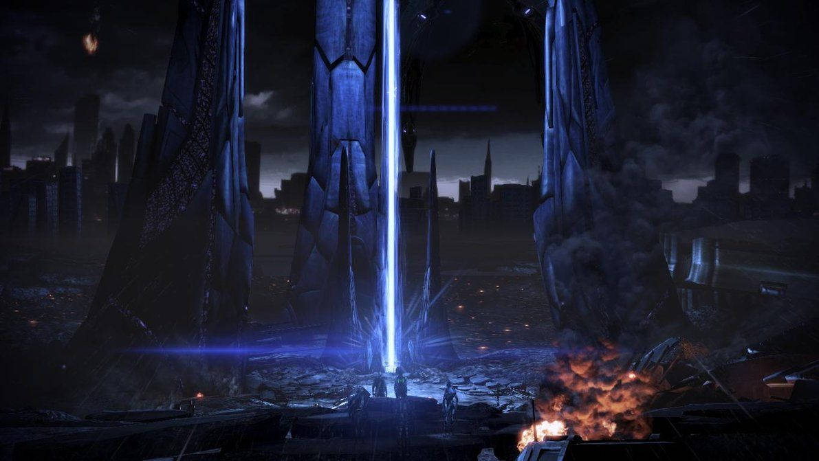 Mass Effect 3, glowing blue beam, ruined futuristic cityscape, SD Desktop Wallpaper