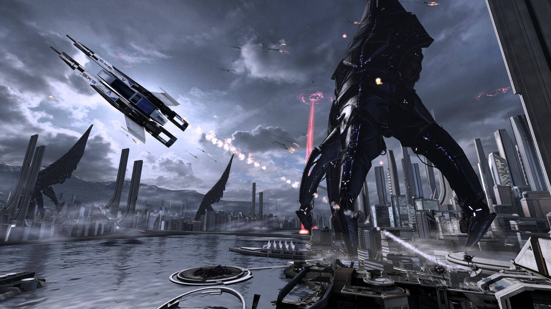 Mass Effect, villain creature, futuristic cityscape, Full HD Desktop Wallpaper