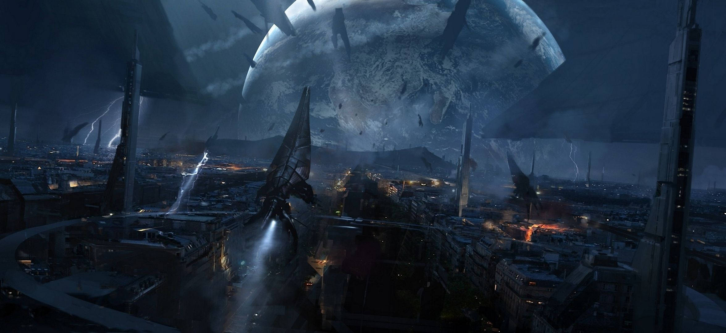Mass Effect 3, black ships, futuristic city, Full HD Desktop Wallpaper