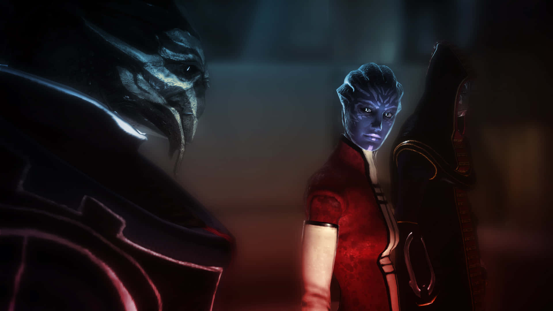 Mass Effect, blue-skinned alien, red outfit, Full HD Desktop Wallpaper