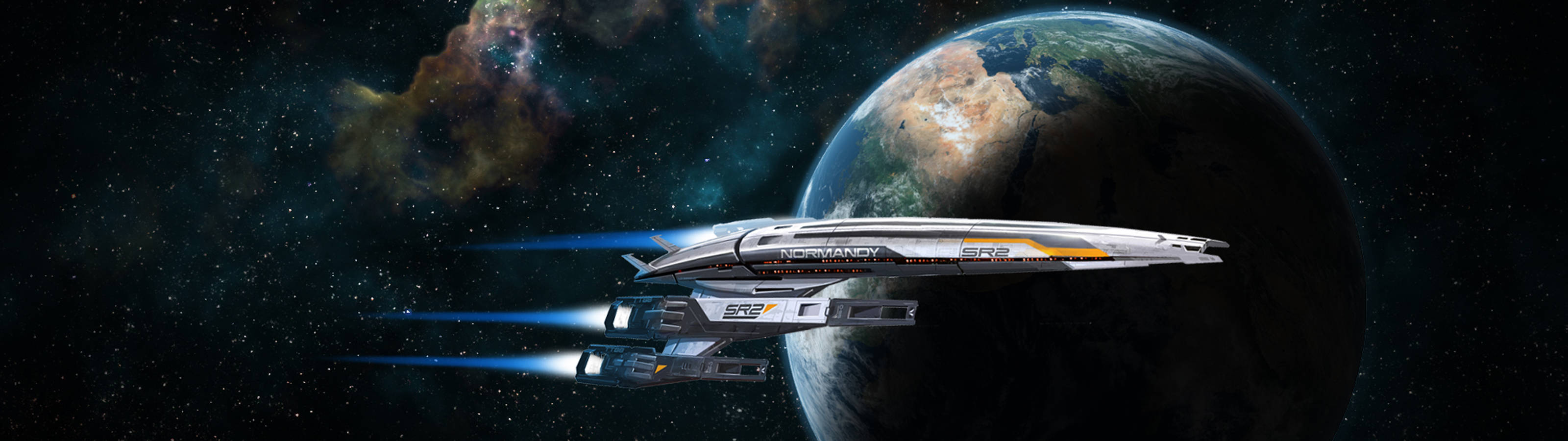 Mass Effect, silver spaceship, blue thrusters, 2K Desktop Wallpaper