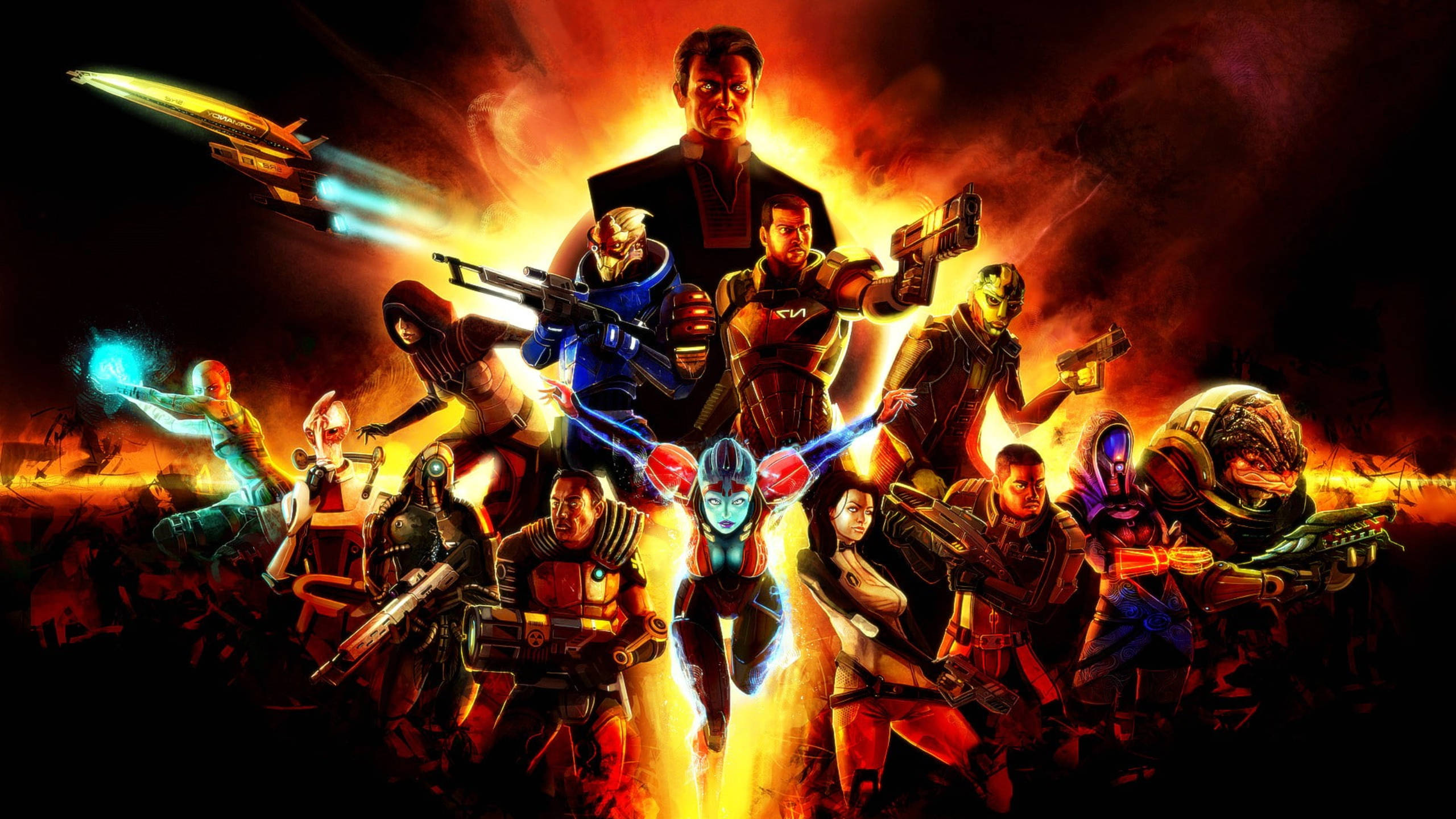 Mass Effect, sci-fi characters, fiery explosion, 2K Desktop Wallpaper