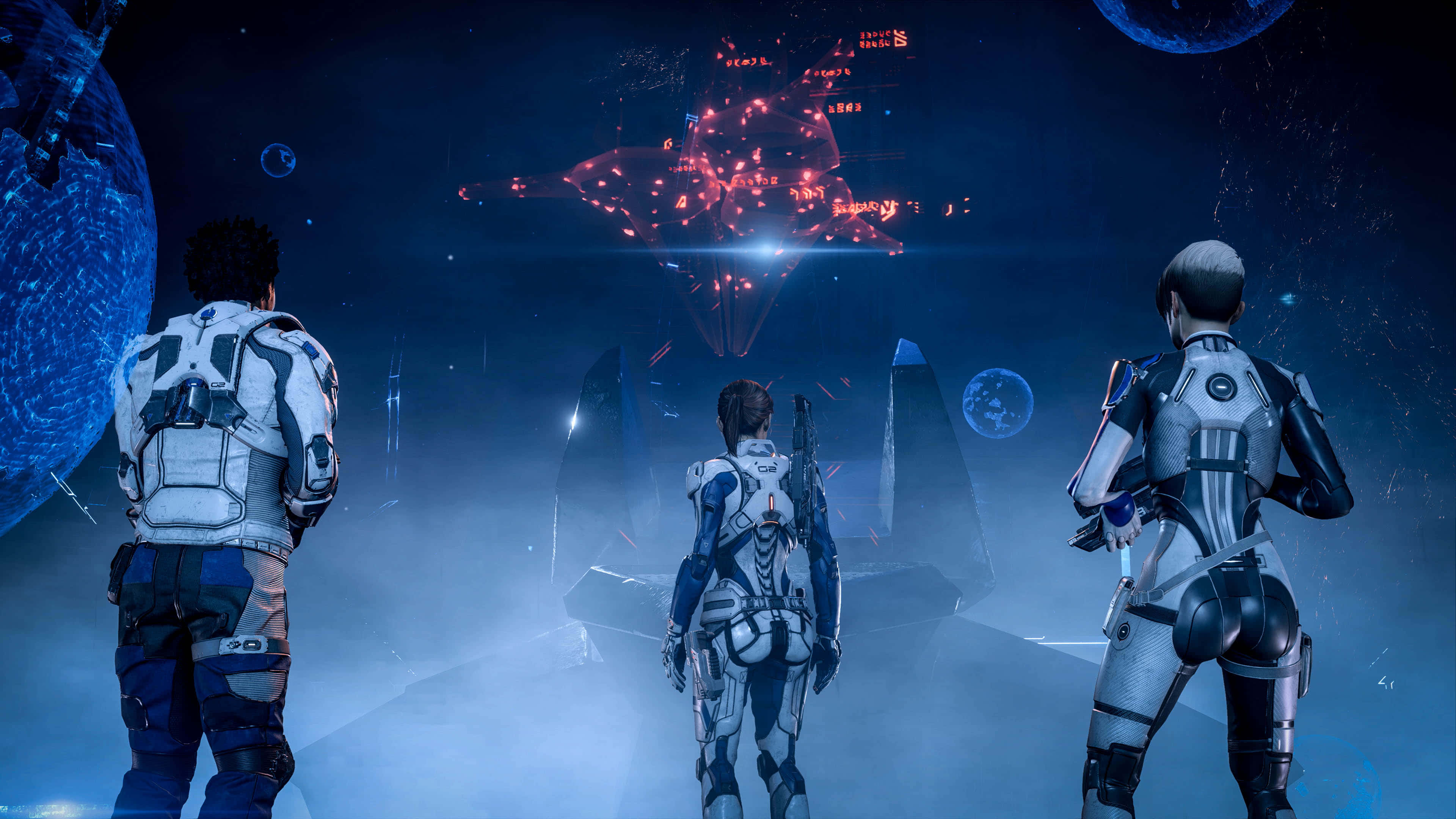 Mass Effect Characters, futuristic suits, glowing red alien structure, 4K Desktop Wallpaper
