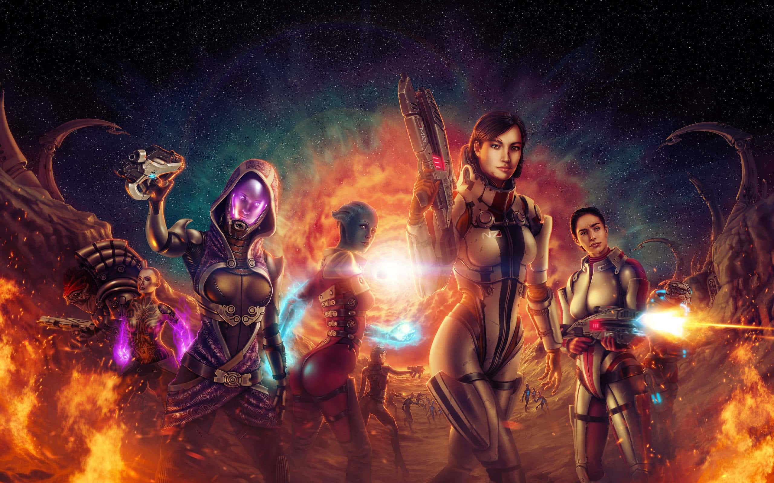 Mass Effect Characters, futuristic warriors, glowing armor, 2K Desktop Wallpaper