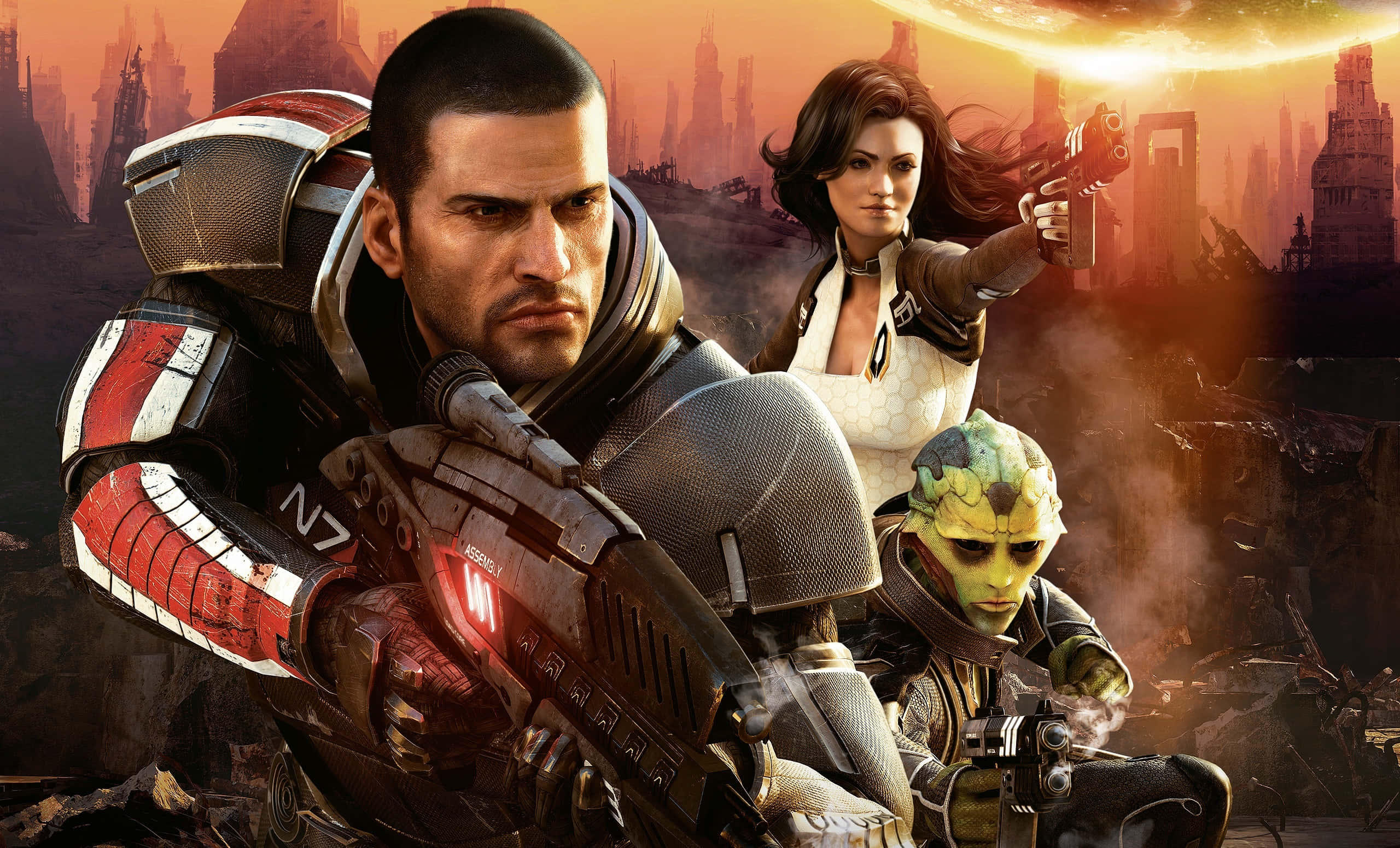 Mass Effect Characters, armored space warriors, ruined futuristic city, 2K Desktop Wallpaper