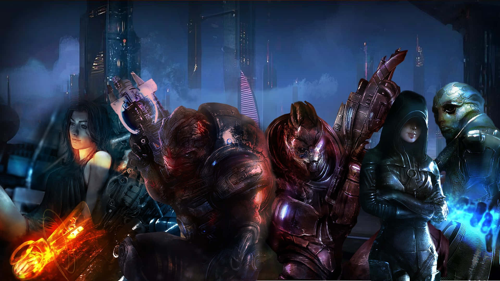 Mass Effect Characters, neon-lit cyberpunk cityscape, night, Full HD Desktop Wallpaper