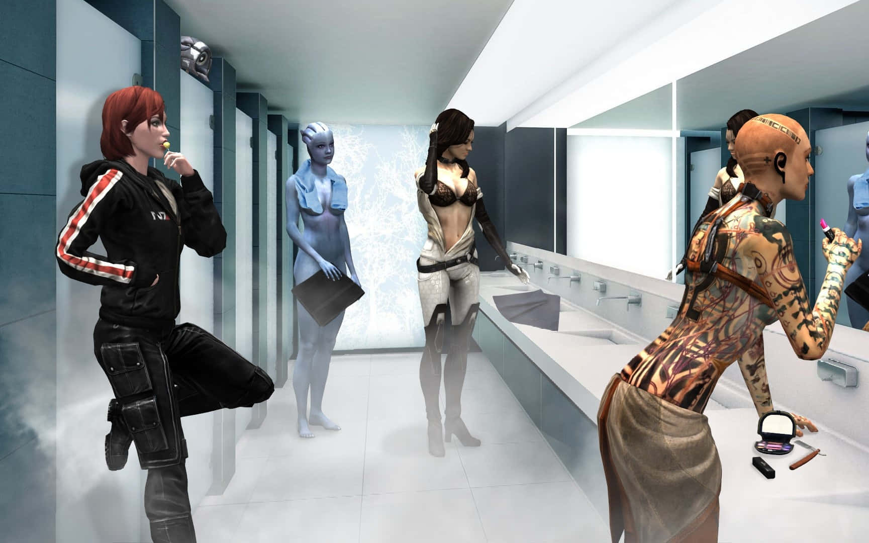 Mass Effect Characters, futuristic women, sleek white bathroom, HD Desktop Wallpaper