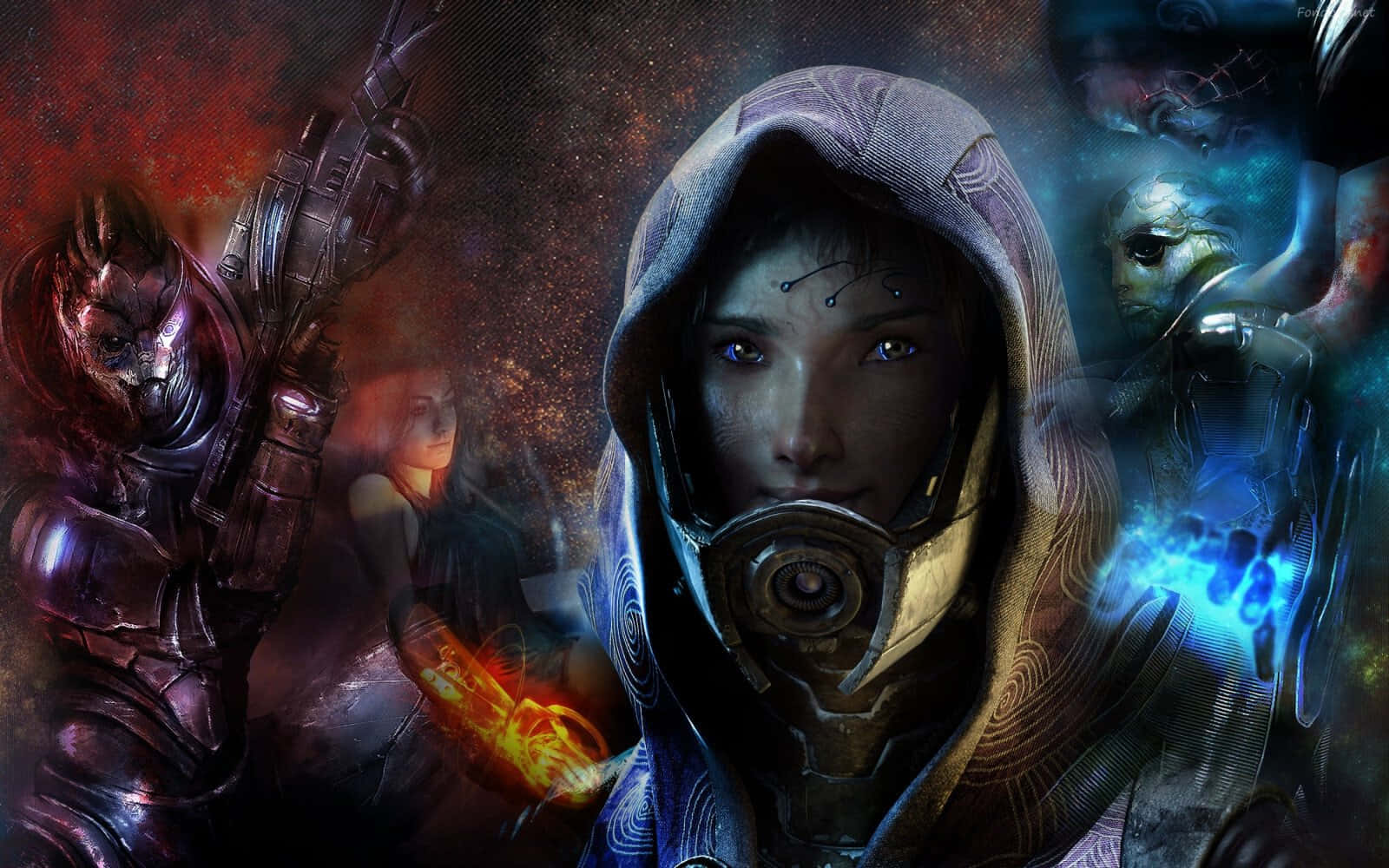 Mass Effect Characters, hooded figure, glowing eyes, HD Desktop Wallpaper