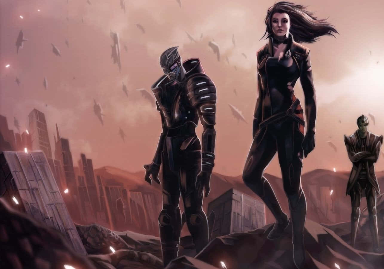 Mass Effect Characters, shattered city, hazy orange sky, HD Desktop Wallpaper