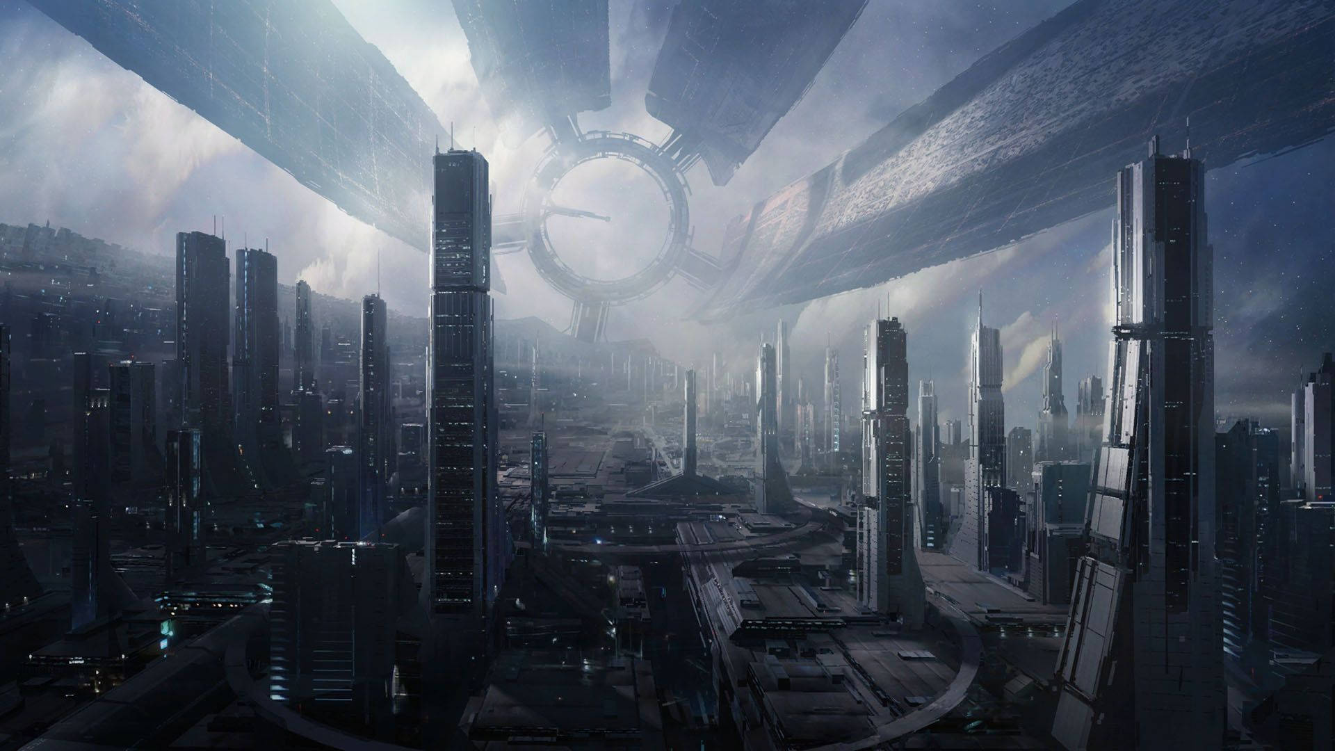 Mass Effect Citadel, futuristic cityscape, towering skyscrapers, Full HD Desktop Wallpaper