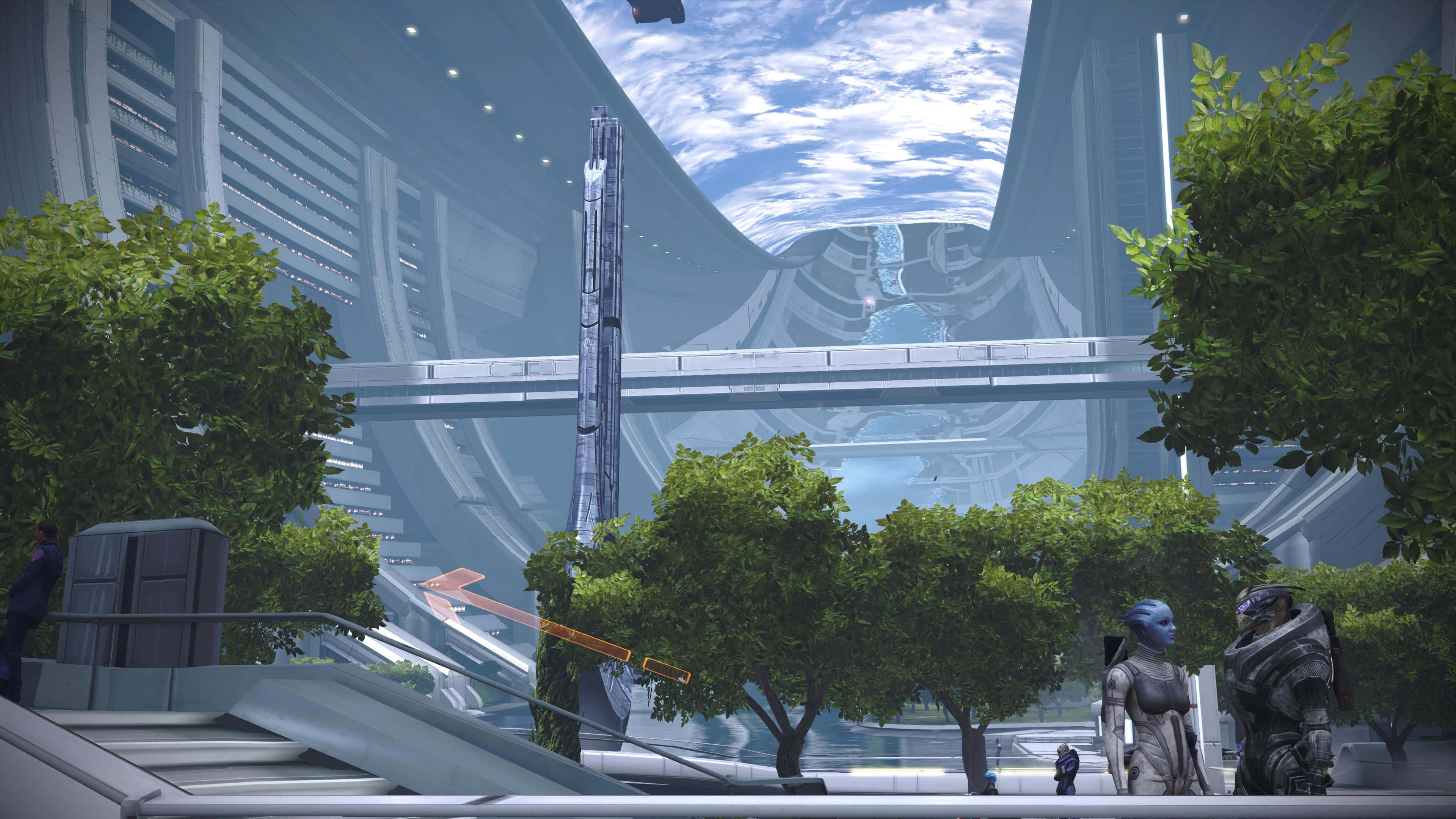 Mass Effect Citadel, futuristic city plaza, towering metallic structures, 4K Desktop Wallpaper