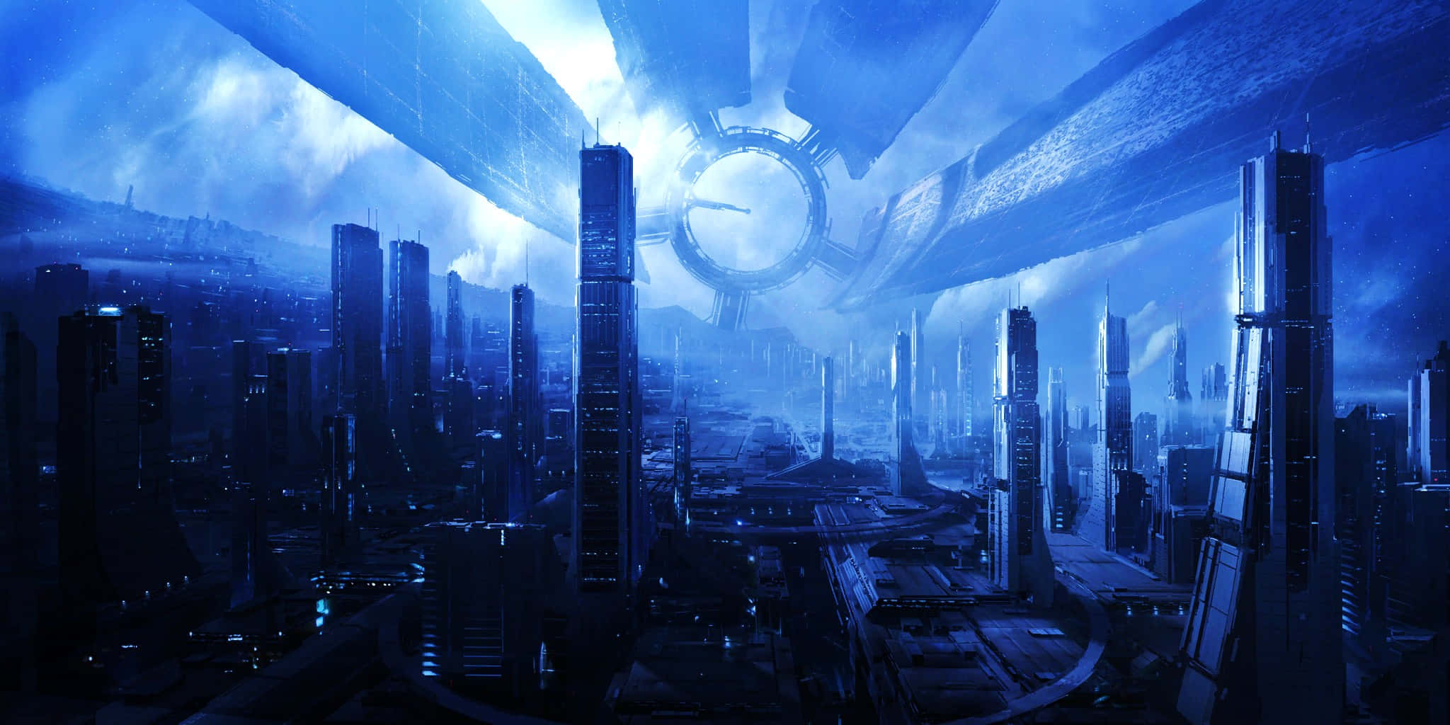Mass Effect Citadel, cool blue light, towering skyscrapers, Full HD Desktop Wallpaper