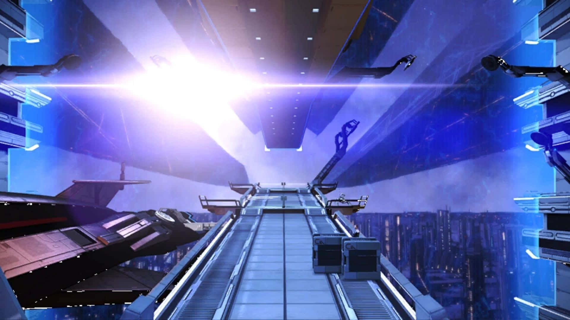 Mass Effect Citadel, glowing blue skywalk, sleek flying vehicles, Full HD Desktop Wallpaper