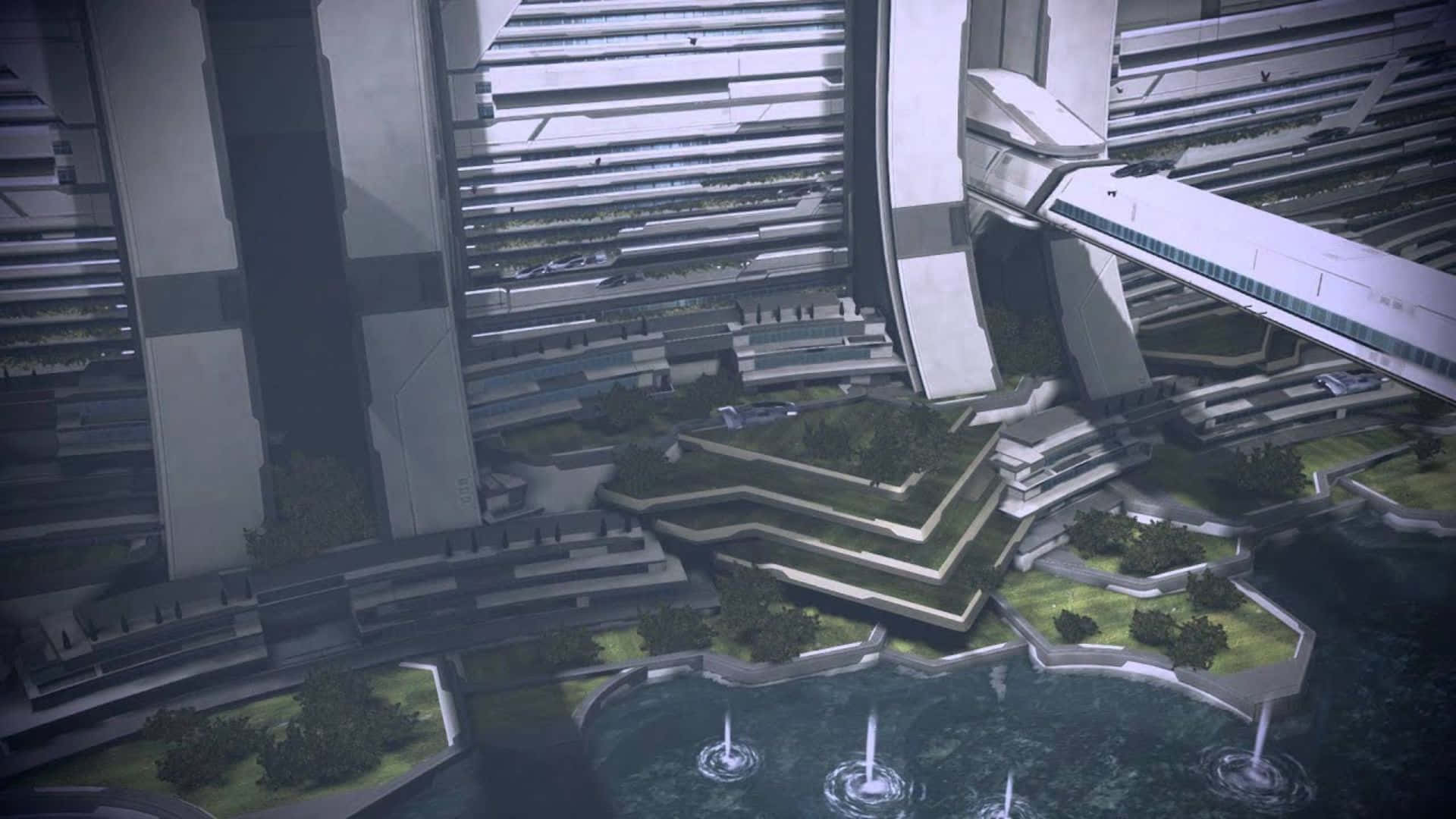 Mass Effect Citadel, white buildings, green terraced gardens, Full HD Desktop Wallpaper