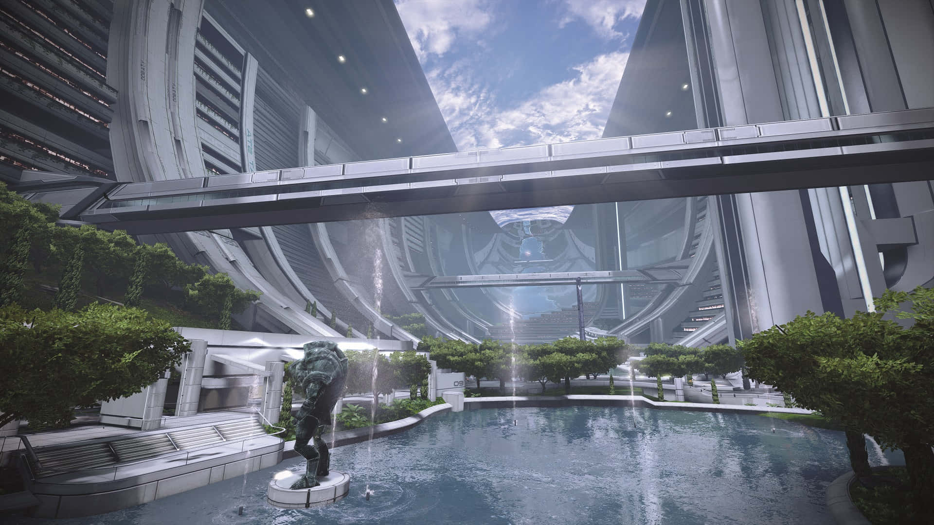 Mass Effect Citadel, futuristic cityscape, sleek metallic buildings, Full HD Desktop Wallpaper