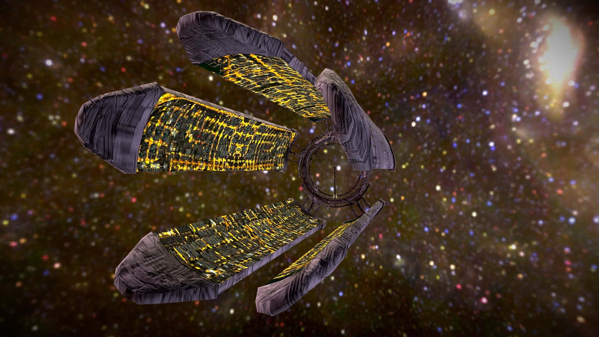 Mass Effect Citadel, glowing yellow panels, star-filled galaxy, Full HD Desktop Wallpaper