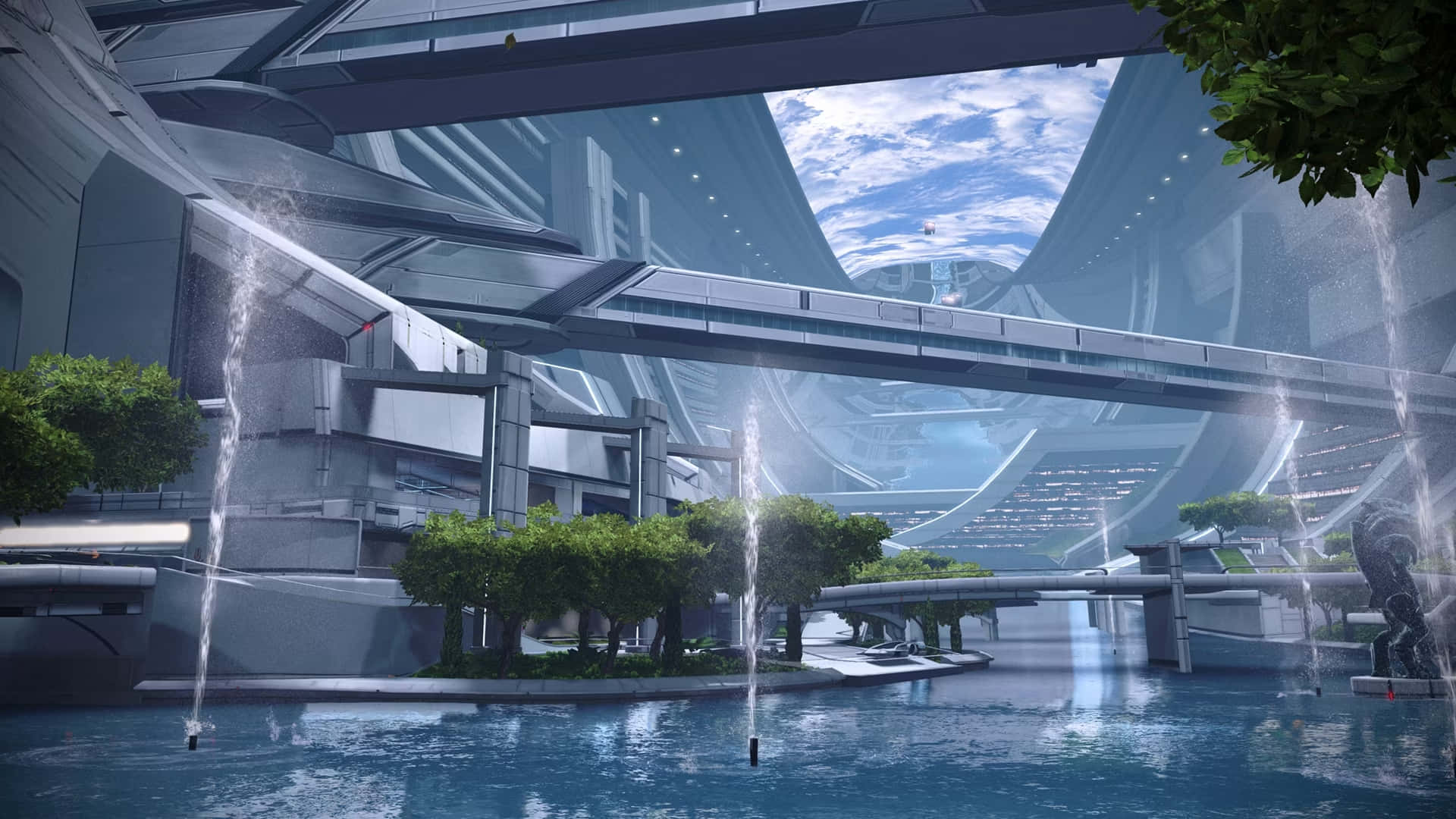 Mass Effect Citadel, futuristic cityscape, sleek metallic architecture, Full HD Desktop Wallpaper
