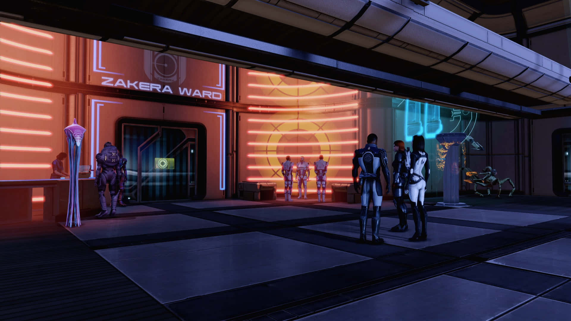 Mass Effect Citadel, neon signs, armored figures, Full HD Desktop Wallpaper