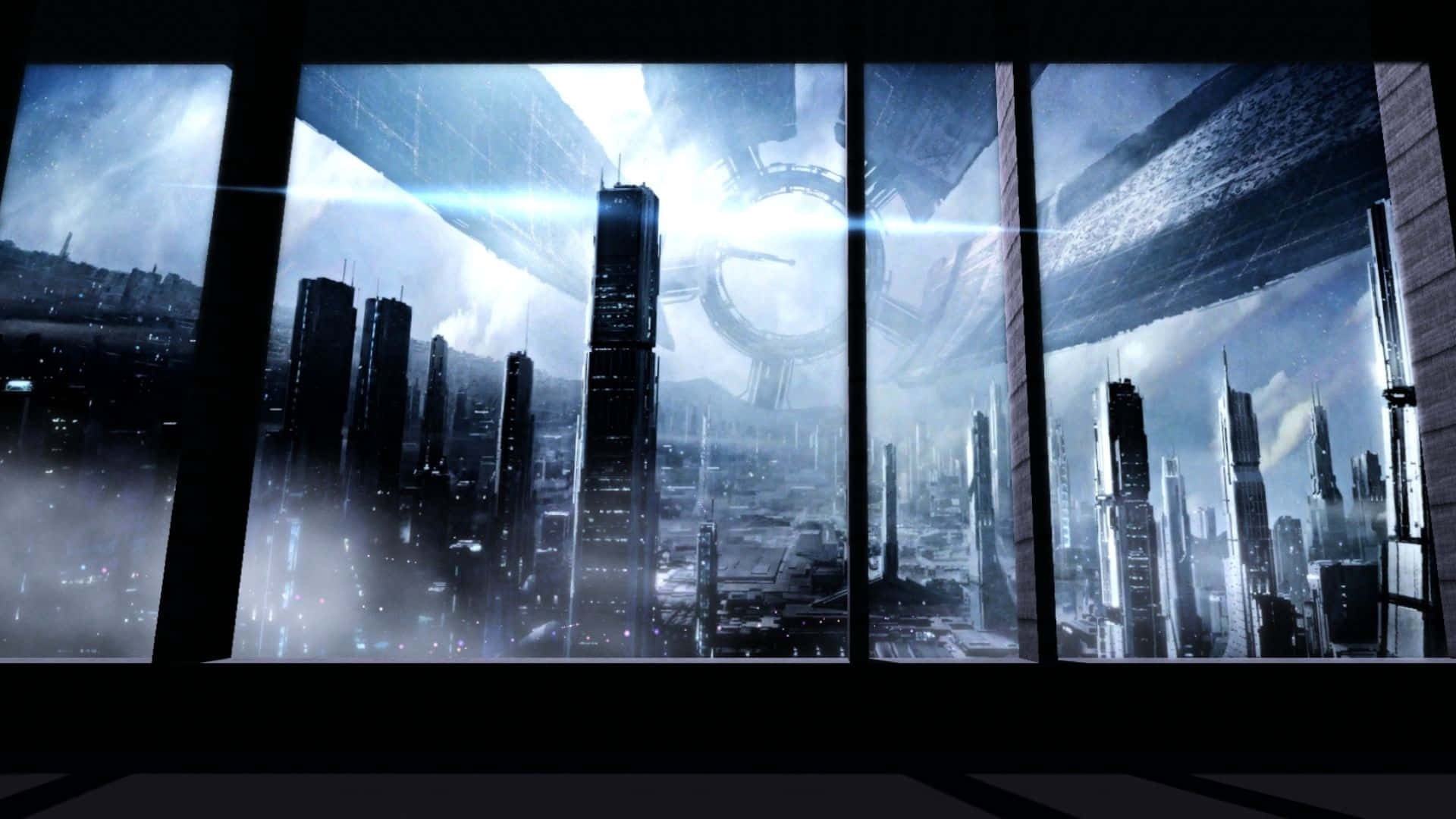 Mass Effect Citadel, glowing ringed spacecraft, futuristic cityscape, Full HD Desktop Wallpaper