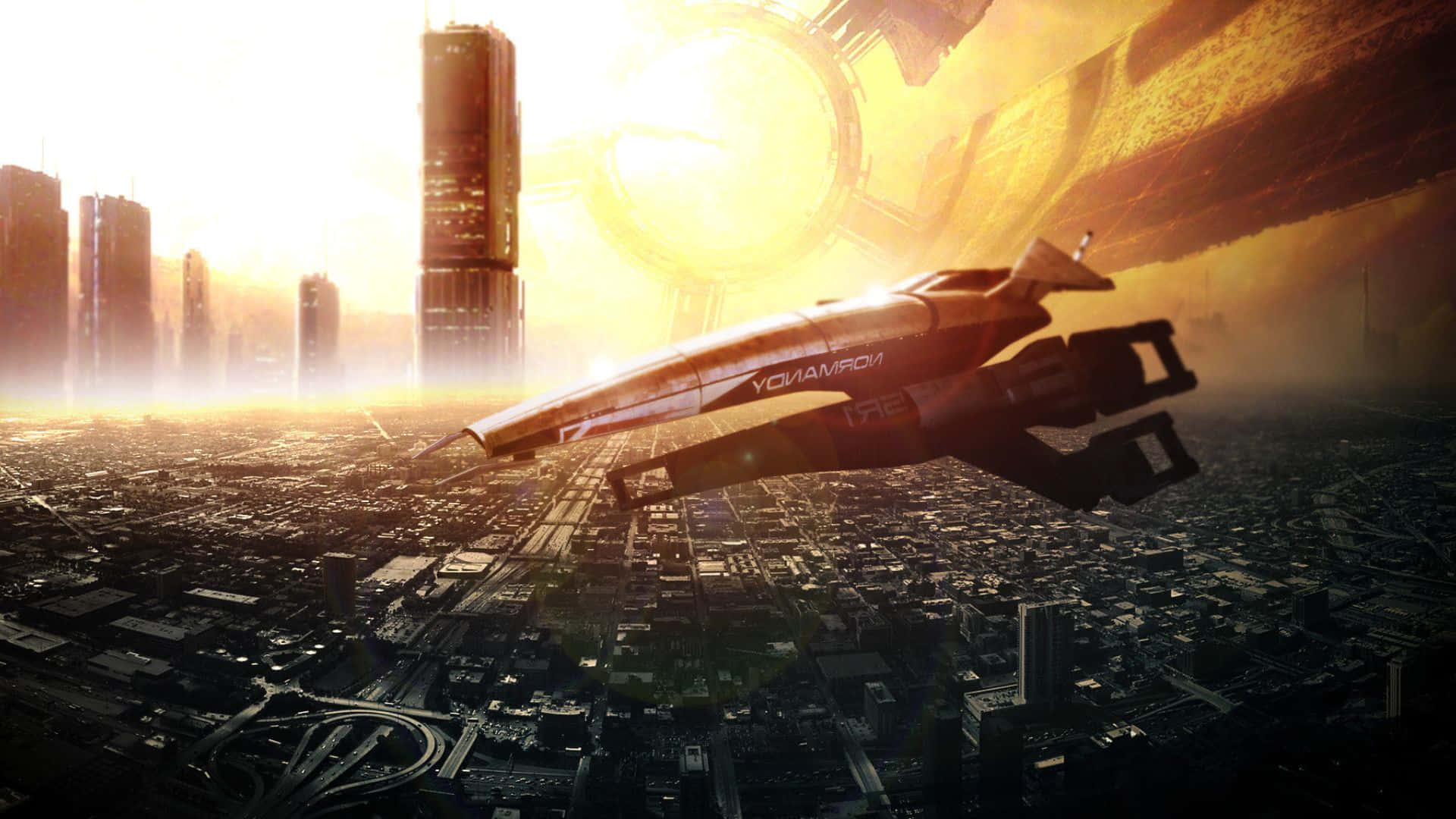 Mass Effect Citadel, cyberpunk cityscape, golden sunset light, Full HD Desktop Wallpaper