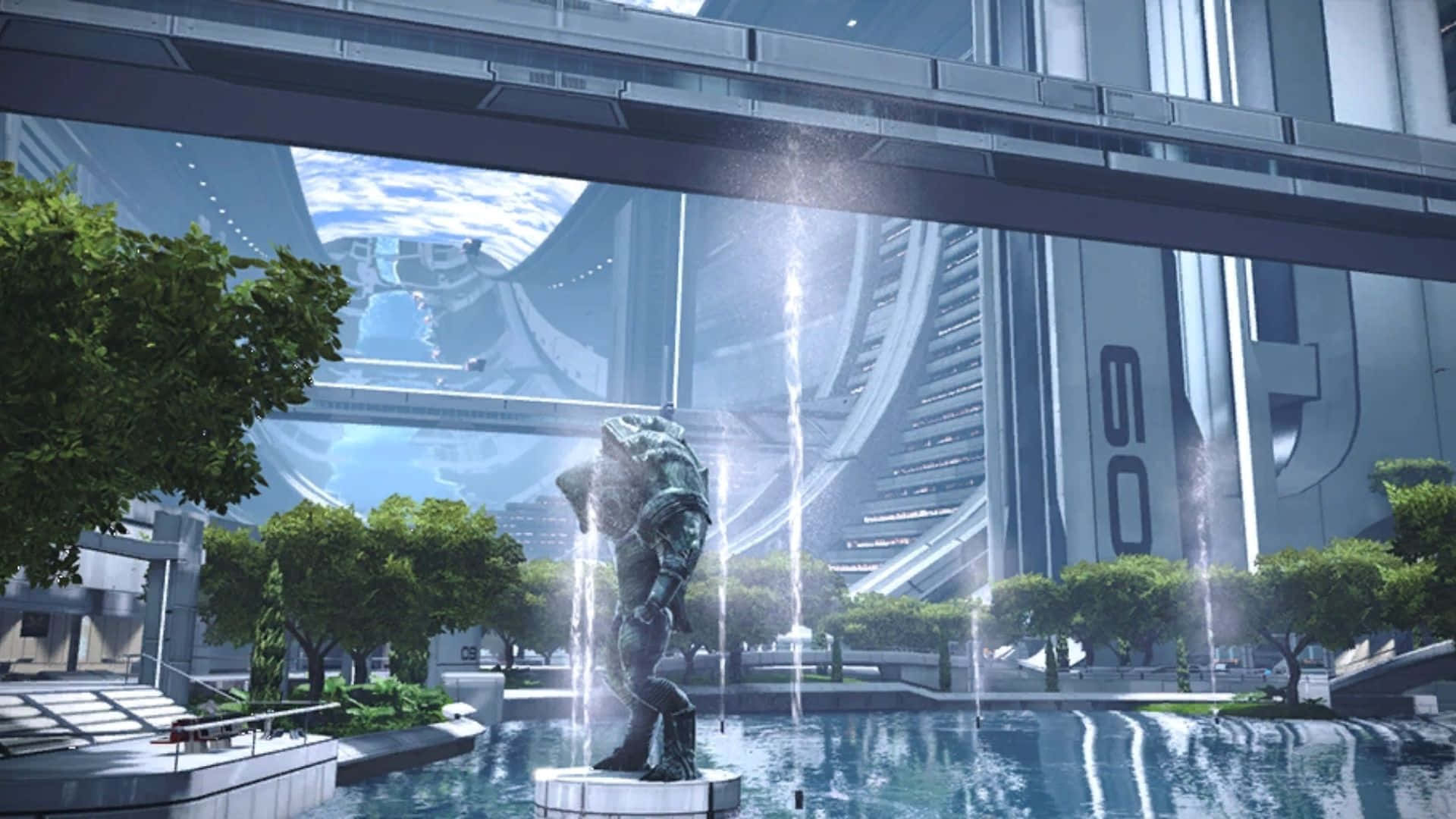 Mass Effect Citadel, bronze statue, crouching figure, Full HD Desktop Wallpaper