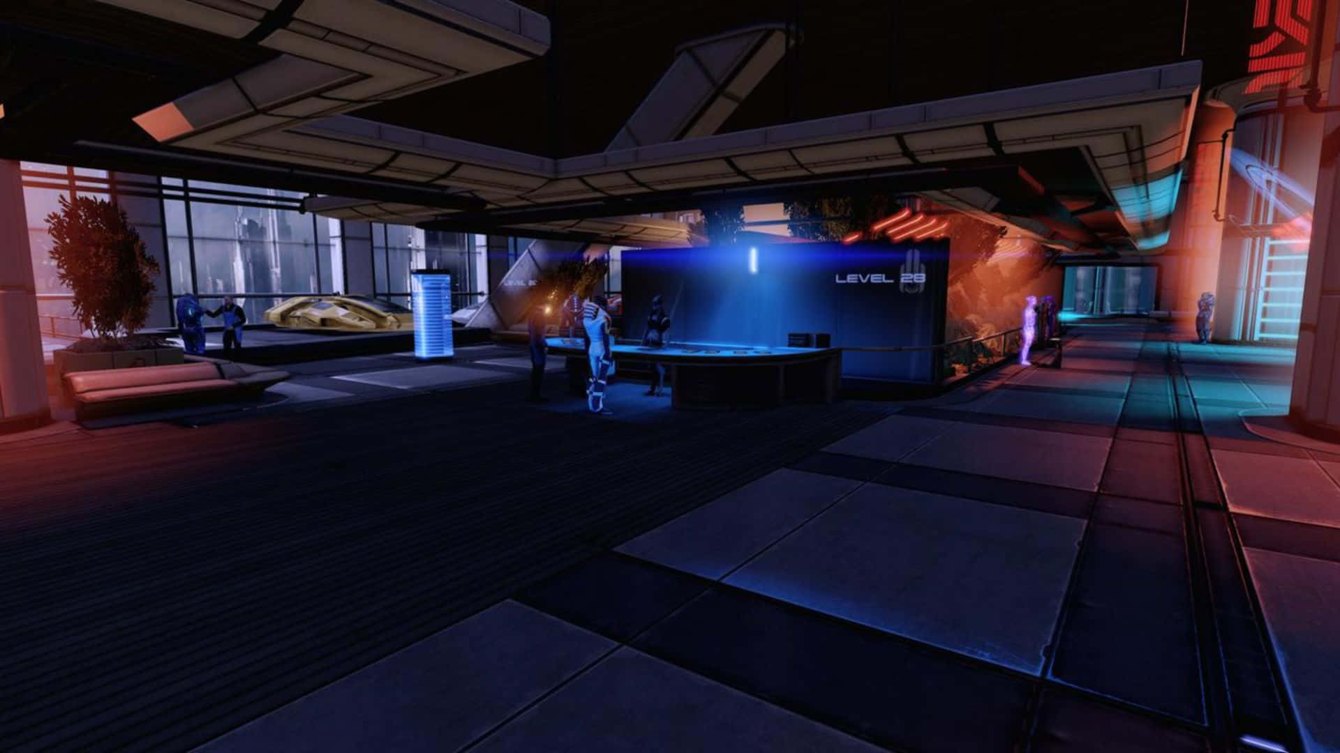 Mass Effect Citadel, futuristic sci-fi lounge, glowing neon lights, Full HD Desktop Wallpaper