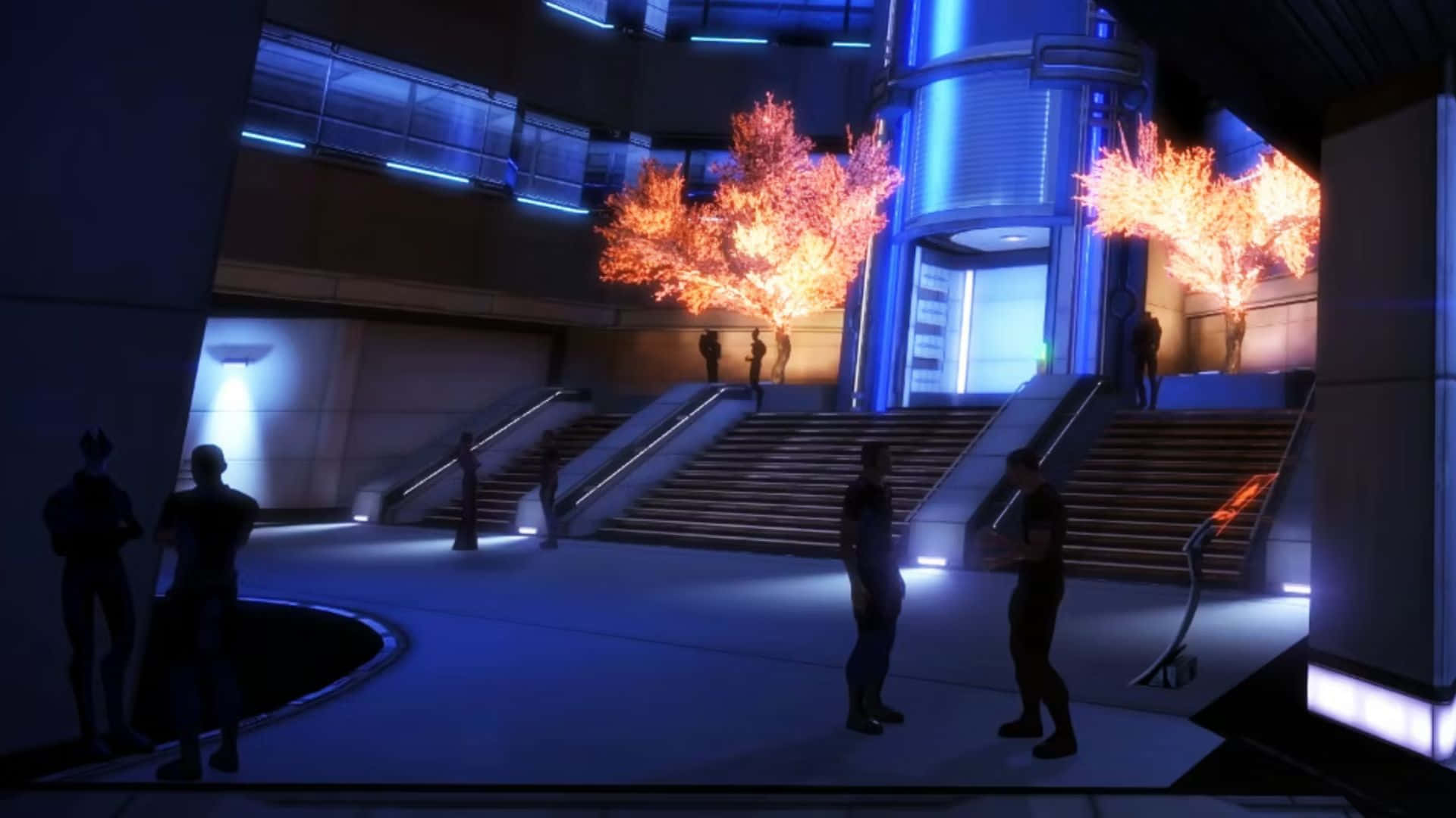 Mass Effect Citadel, futuristic blue-lit atrium, glowing orange trees, Full HD Desktop Wallpaper