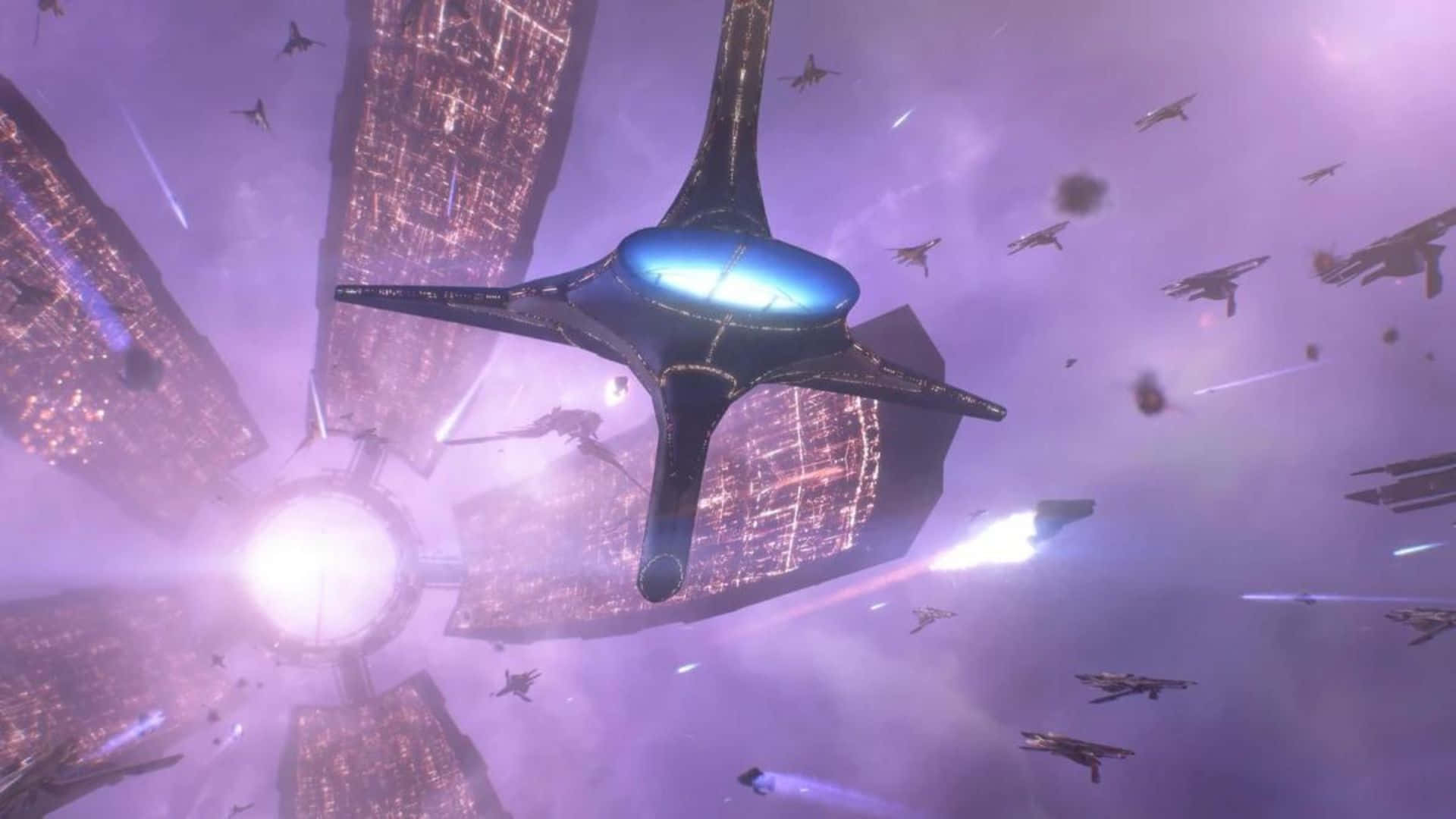 Mass Effect Citadel, glowing blue core, purple nebula, Full HD Desktop Wallpaper