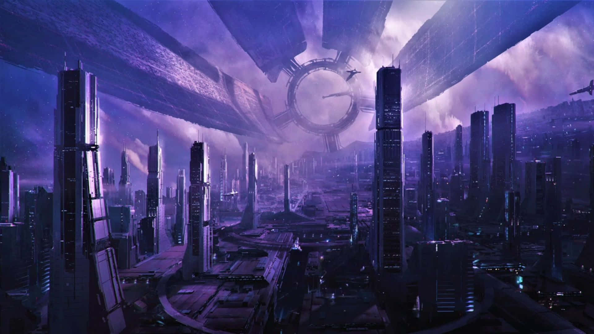 Mass Effect Citadel, futuristic cityscape, purple light, Full HD Desktop Wallpaper