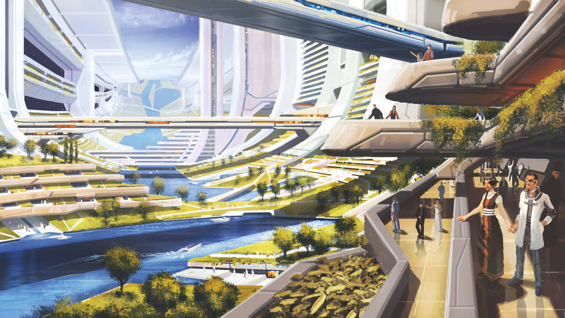 Mass Effect Citadel, white buildings, green terraces, Full HD Desktop Wallpaper