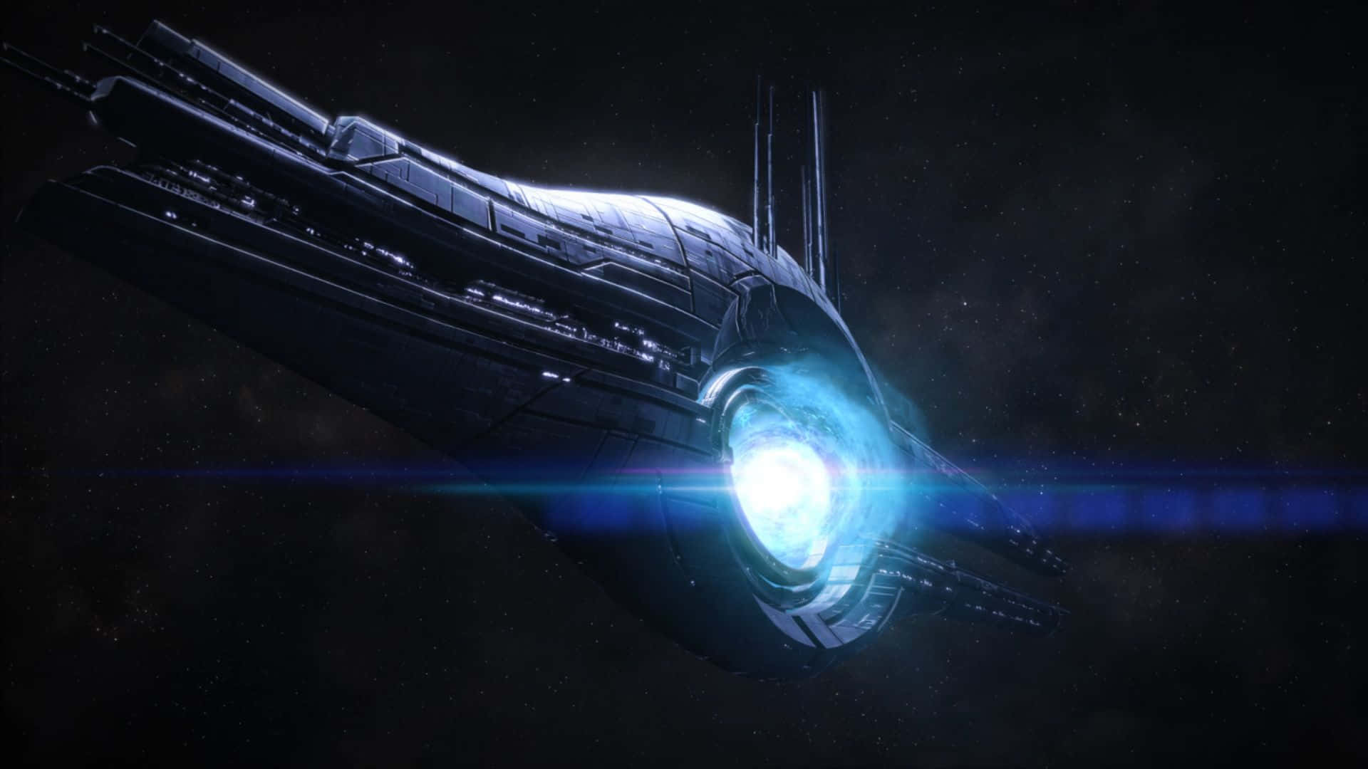 Mass Effect Citadel, glowing blue engines, star-filled void, Full HD Desktop Wallpaper