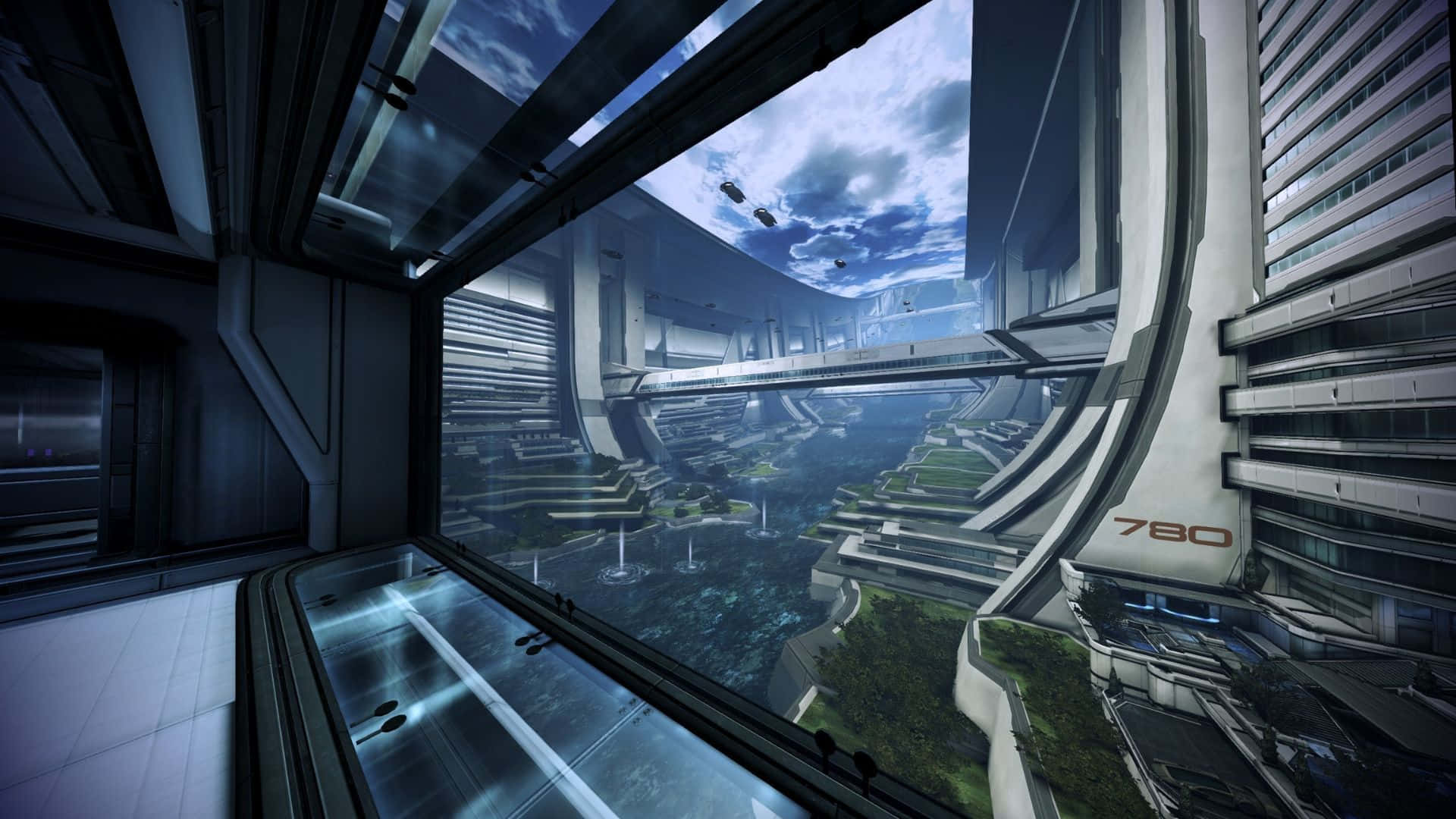 Mass Effect Citadel, futuristic cityscape, sleek glass-walled observation deck, Full HD Desktop Wallpaper