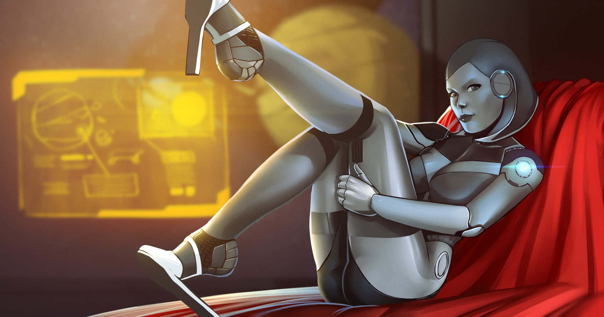 Mass Effect Edi, sleek silver robot, red couch, Full HD Desktop Wallpaper