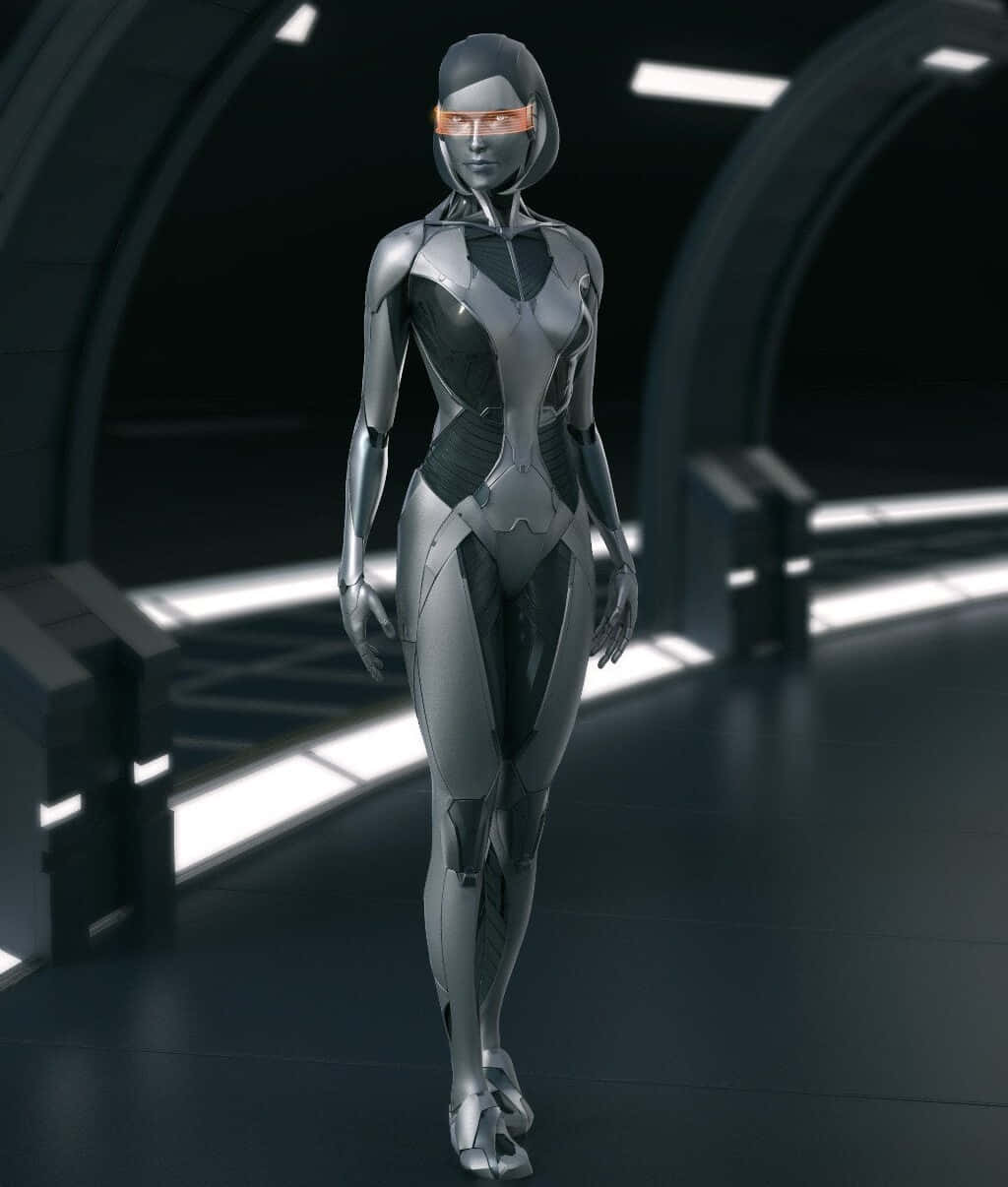 Mass Effect Edi, sleek silver humanoid robot, glowing orange visor, SD Phone Wallpaper