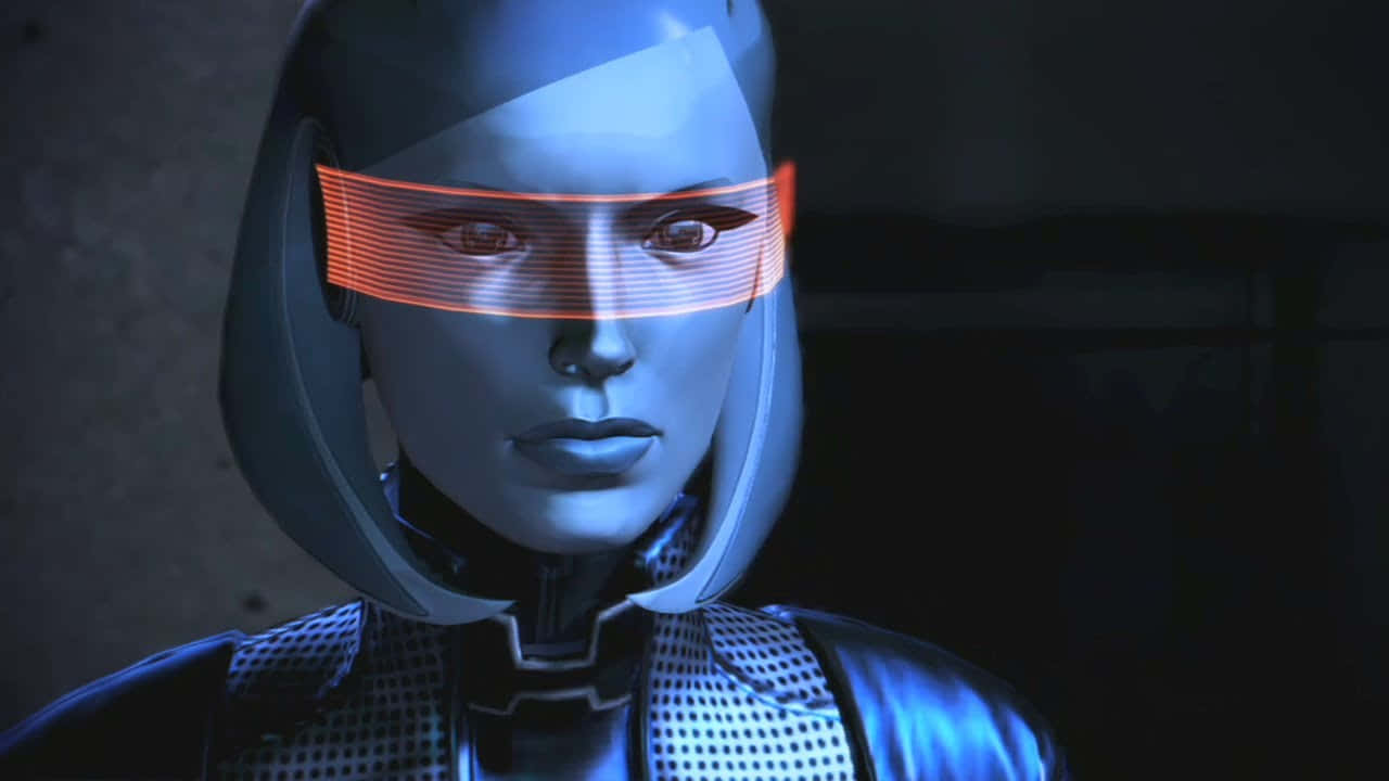 Mass Effect Edi, glowing orange visor, blue metallic skin, HD Desktop Wallpaper