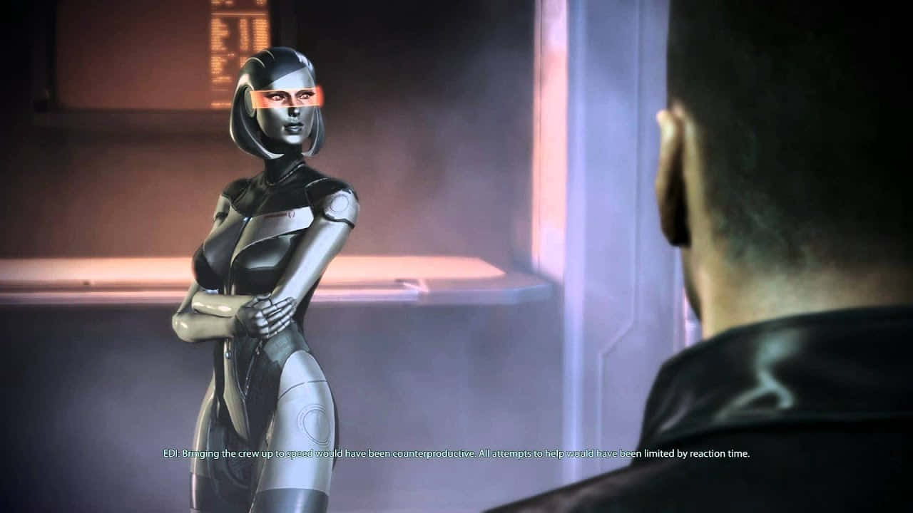 Mass Effect Edi, sleek silver and black female android, glowing orange visor, HD Desktop Wallpaper