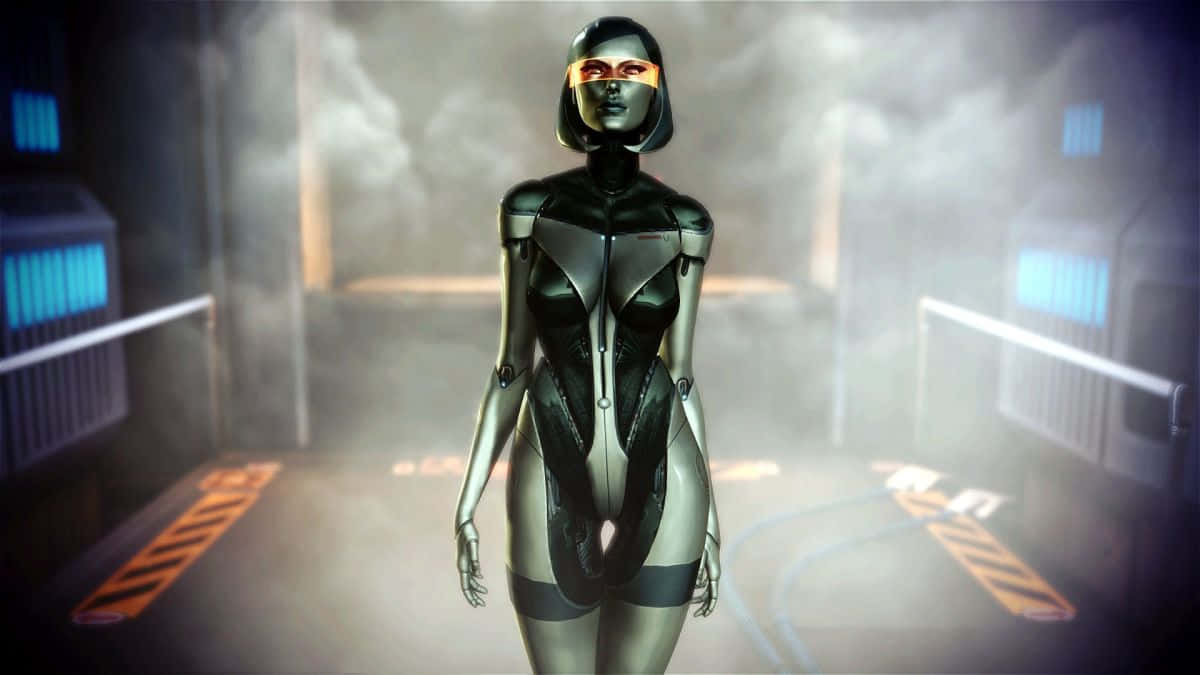Mass Effect Edi, sleek silver android, glowing orange eyes, SD Desktop Wallpaper